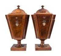 A Pair of Federal Silver-Mounted, Figured and Inlaid Mahogany Urn-Form Knife Boxes