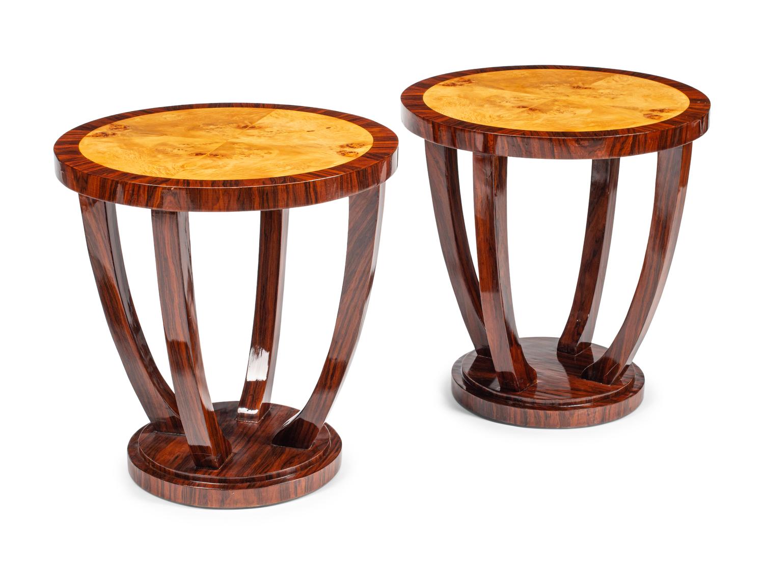 A Pair of Art Deco Style Rosewood and Burl Birch Side Tables