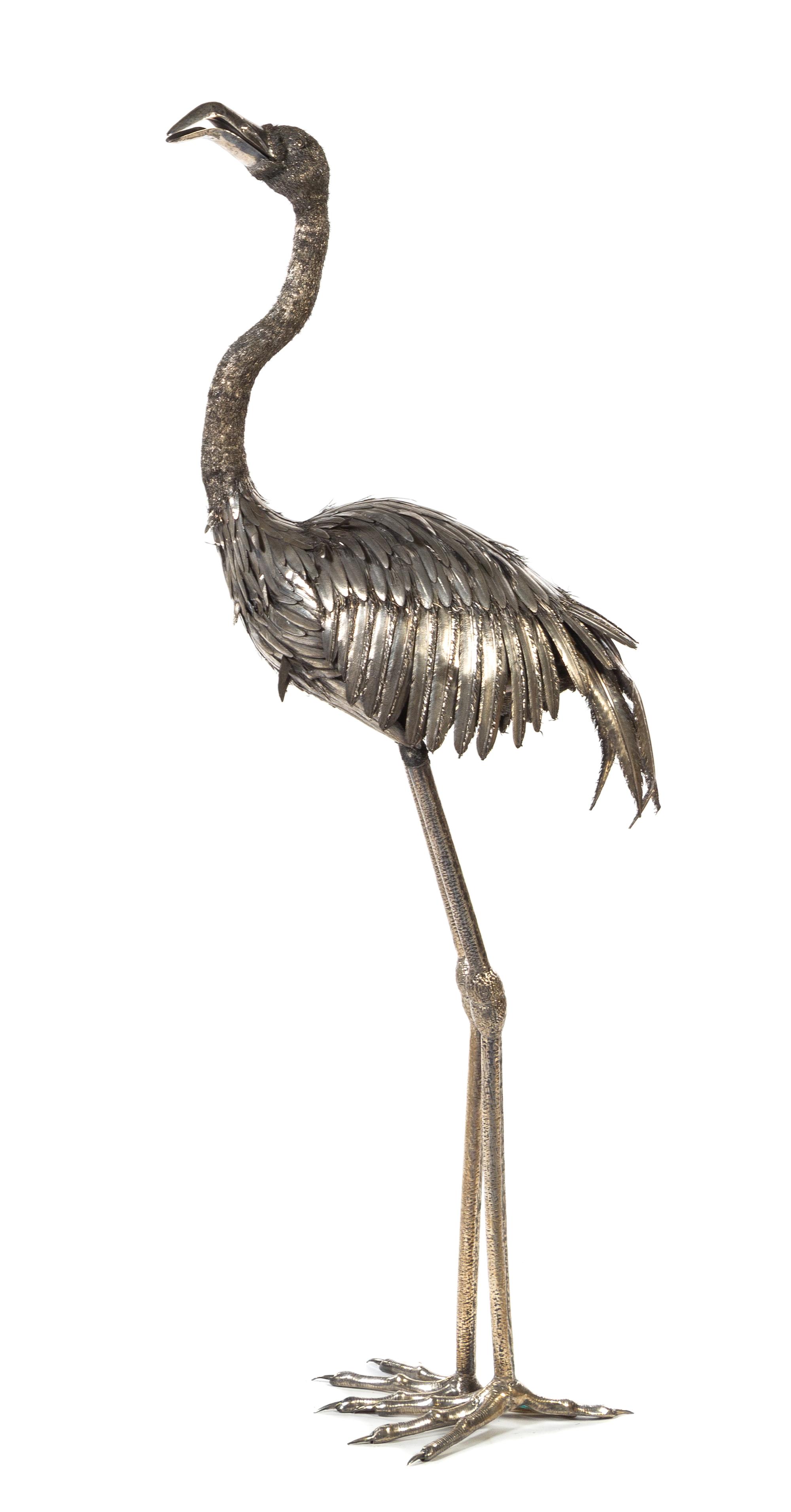 A Monumental Italian Silver Model of a Flamingo, Attributed to Buccellati, 20th Century, realistically modeled in three parts in a stan