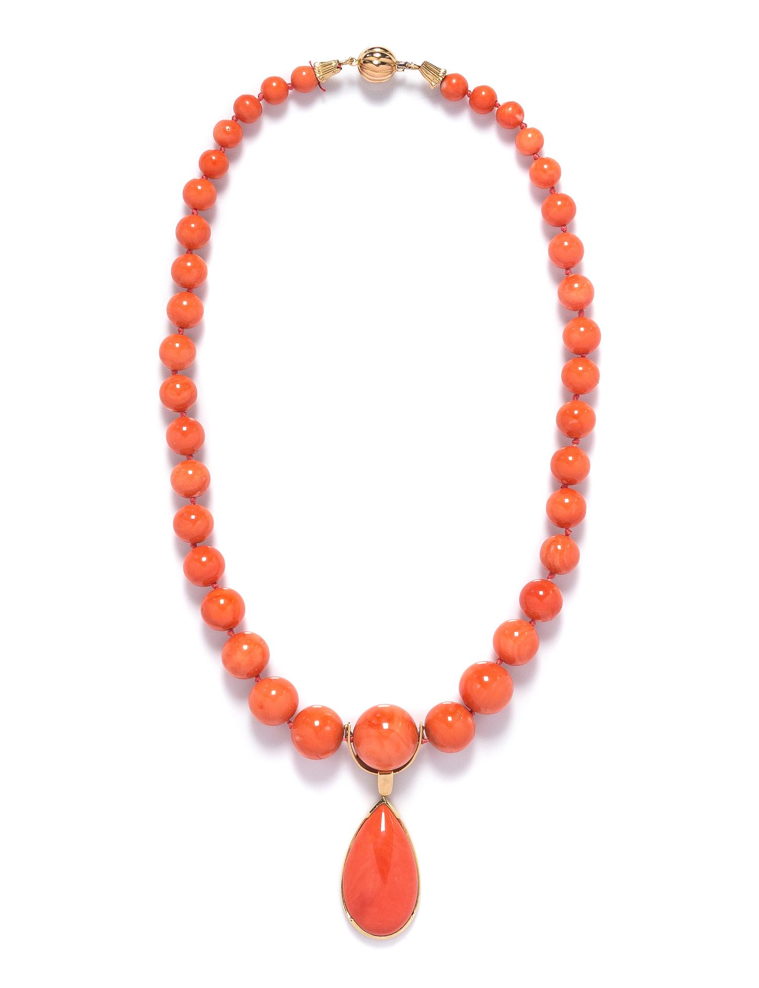 A Graduated Coral Bead and Yellow Gold Necklace and Pendant,