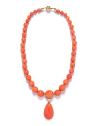 A Graduated Coral Bead and Yellow Gold Necklace and Pendant,