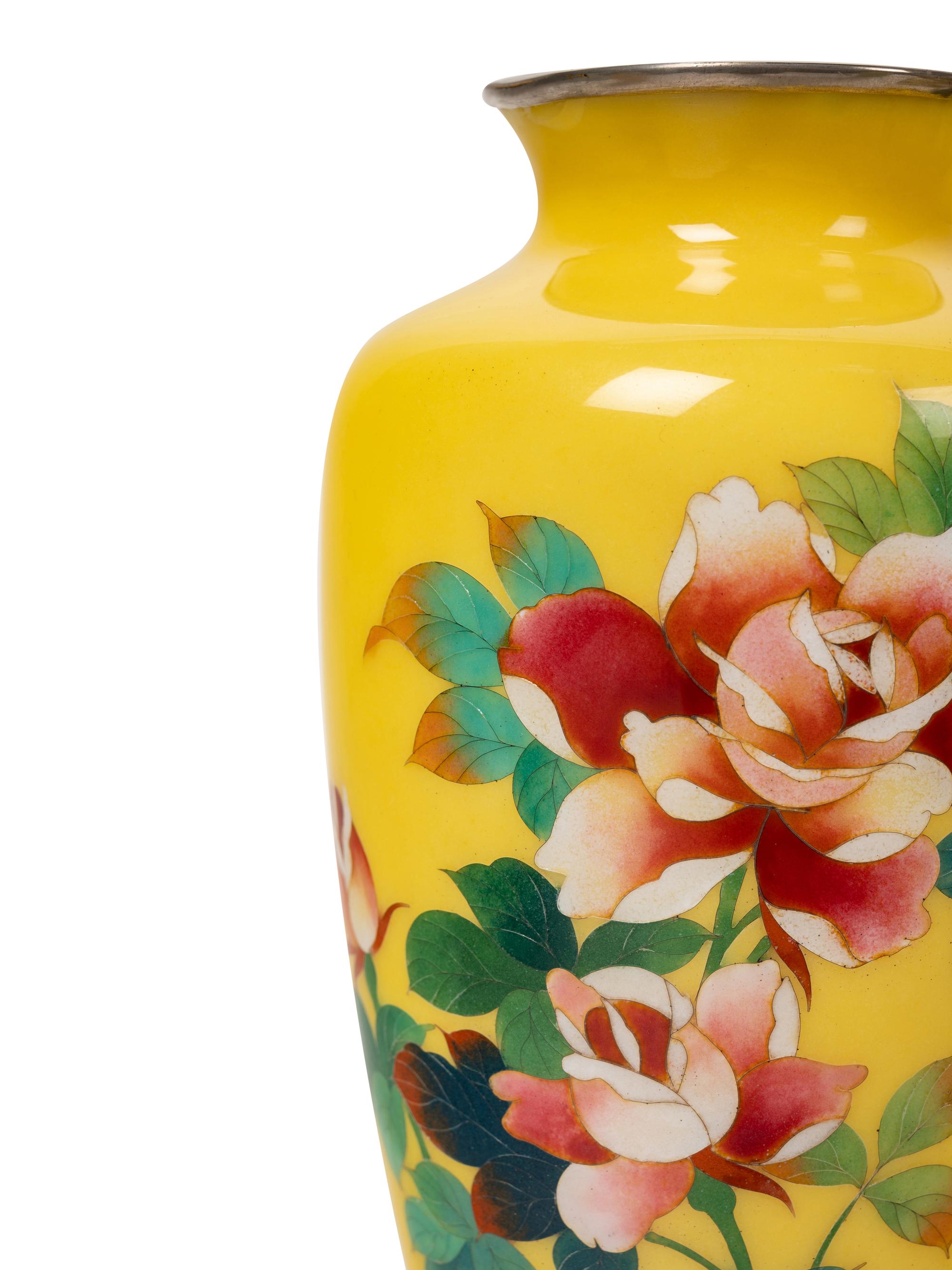 11 Japanese Yellow Ground Cloisonné Enamel and Embossed Foil 'Ginbari' Vases