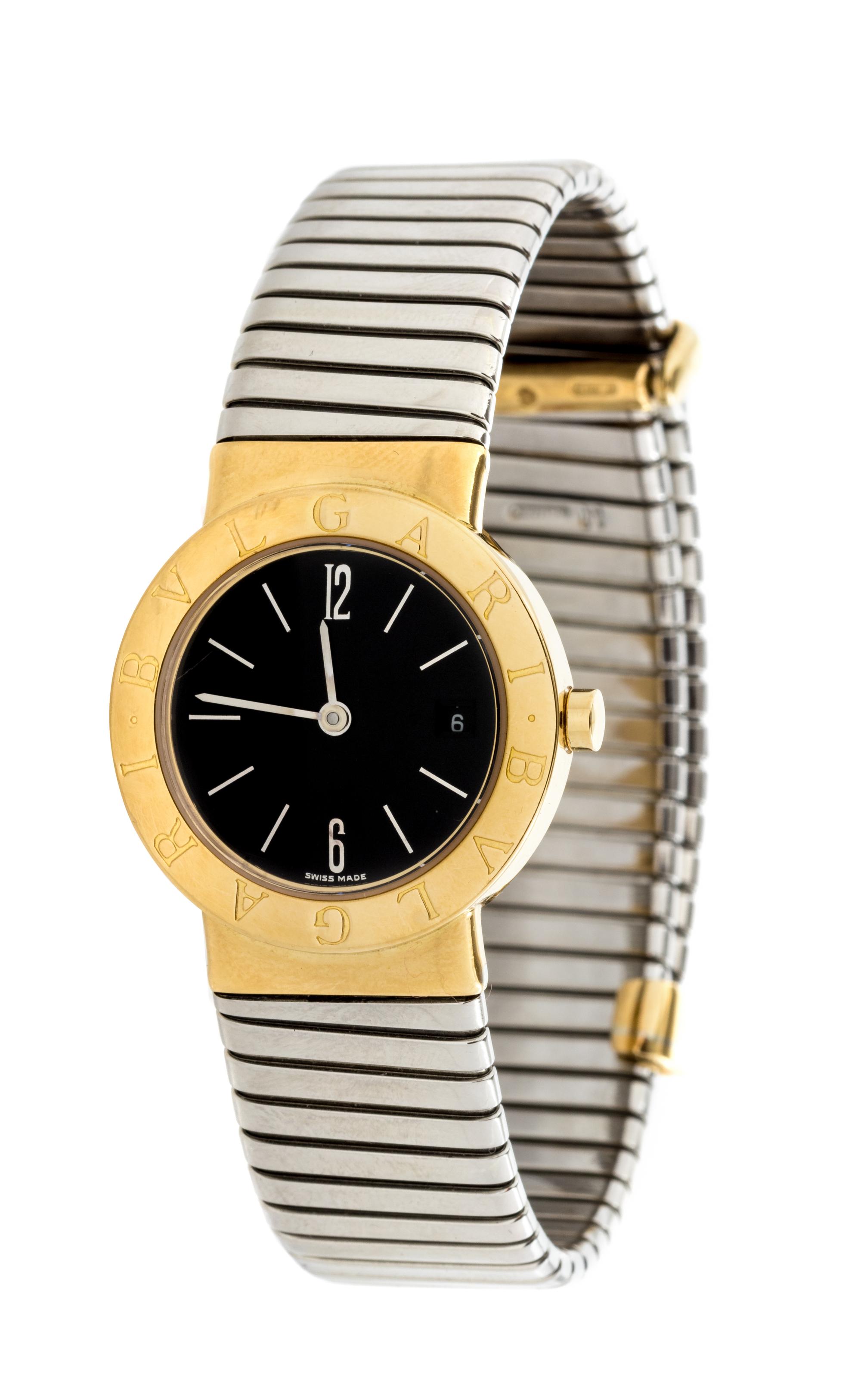 An 18 Karat Yellow Gold and Stainless Steel Ref. BB 26 GSCD 'Tobago' Bangle Watch, Bvlgari,
