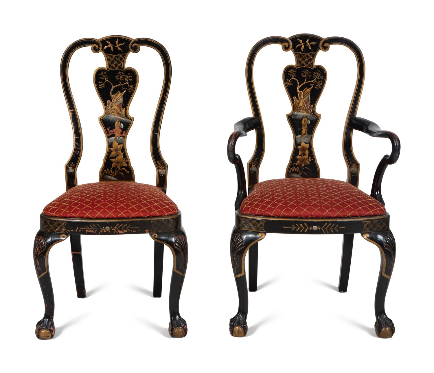 A Set of Eight George II Style Black and Gilt Japanned Dining Chairs