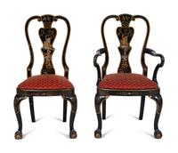 A Set of Eight George II Style Black and Gilt Japanned Dining Chairs