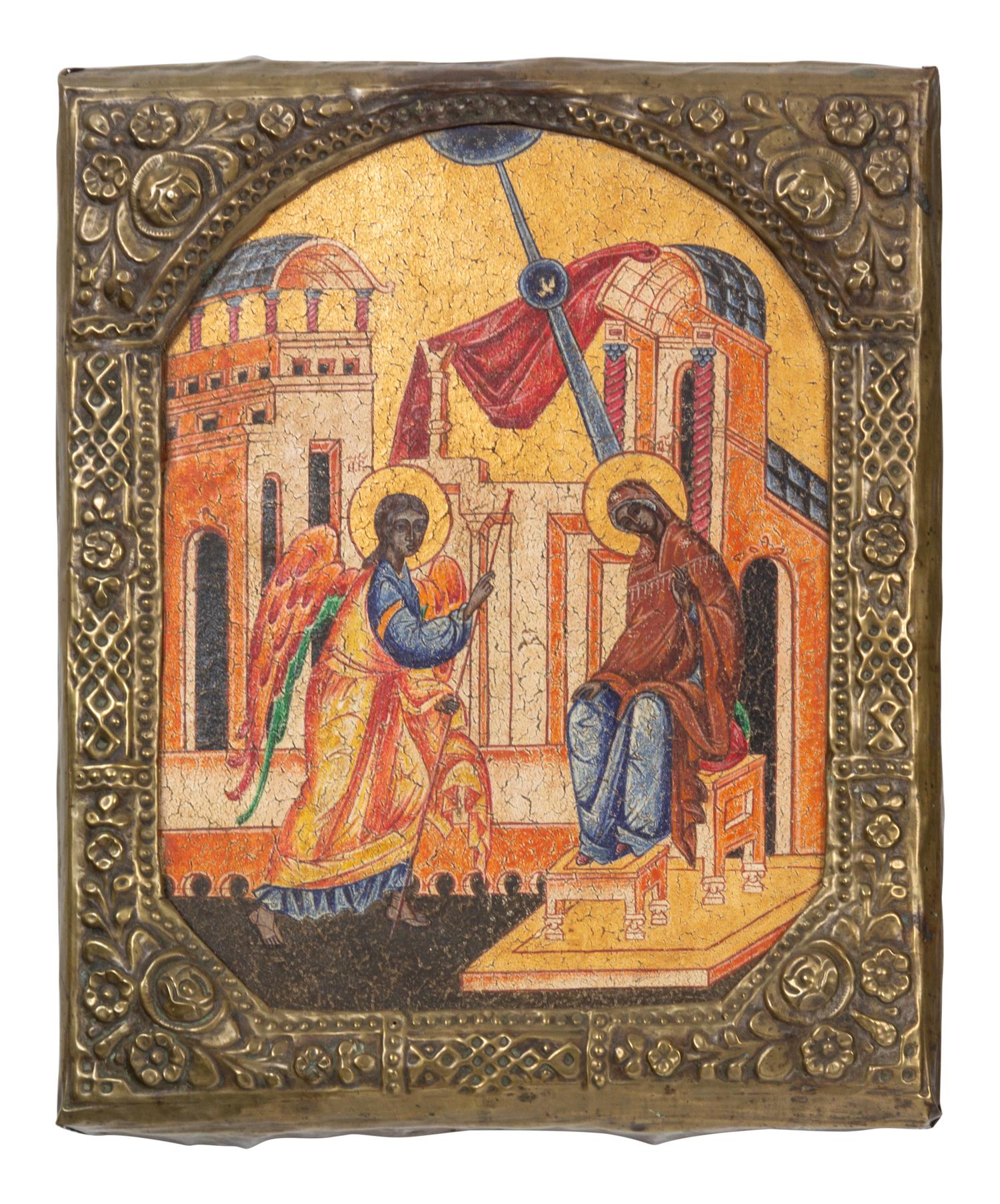 Three Russian Brass Oklad Mounted Polychrome Painted Icons