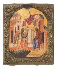 Three Russian Brass Oklad Mounted Polychrome Painted Icons