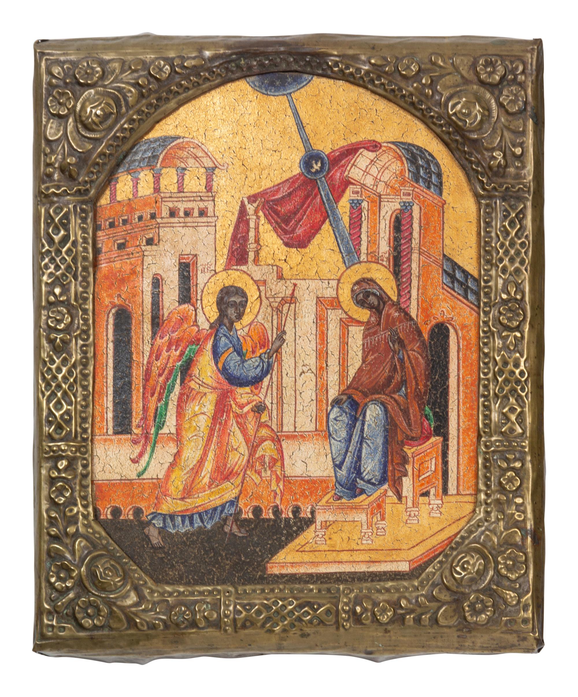 Three Russian Brass Oklad Mounted Polychrome Painted Icons