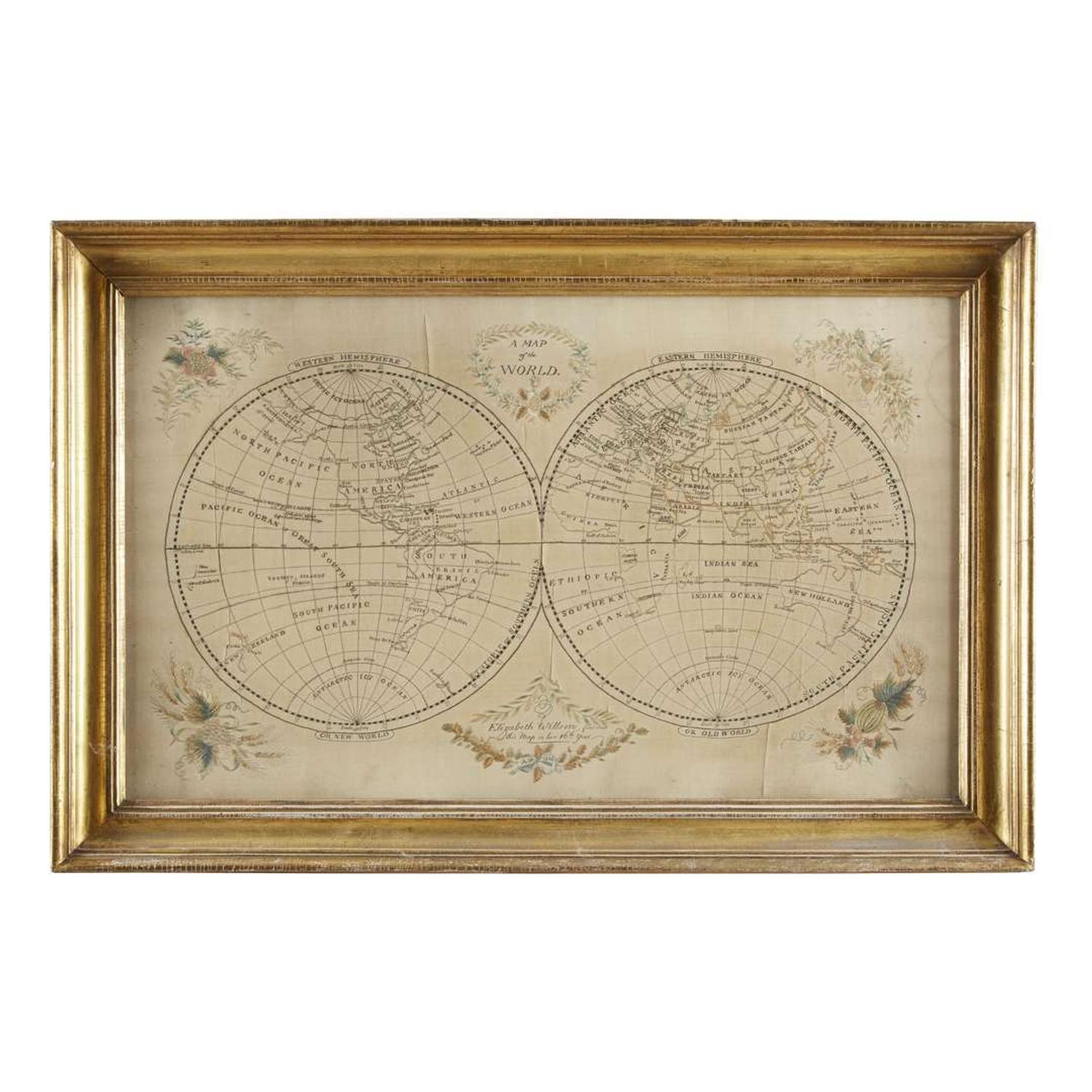 Needlework Map of the World "Elizabeth Willson, finished this map in her 16th year, a.d. 1815", Pennsylvania