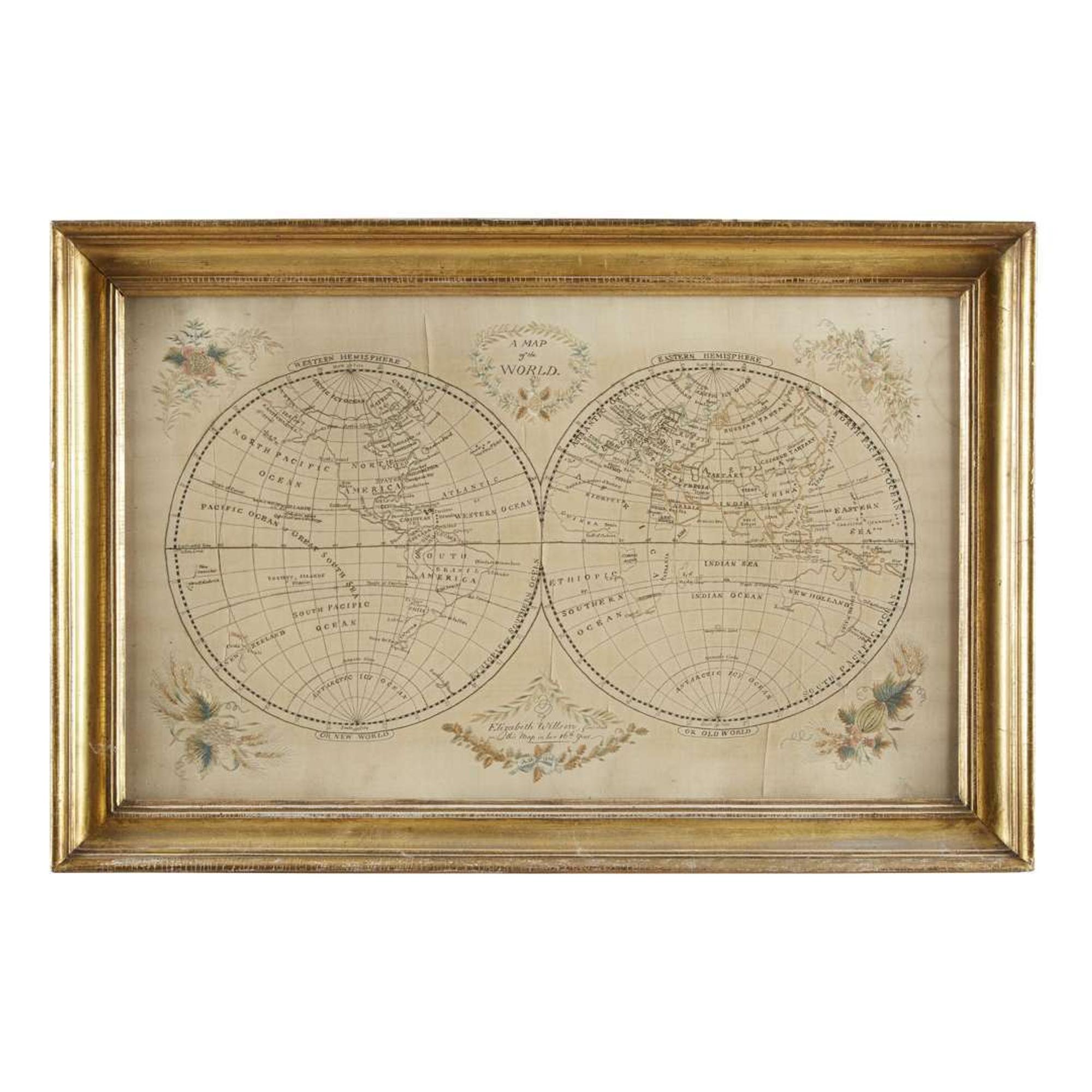 Needlework Map of the World "Elizabeth Willson, finished this map in her 16th year, a.d. 1815", Pennsylvania