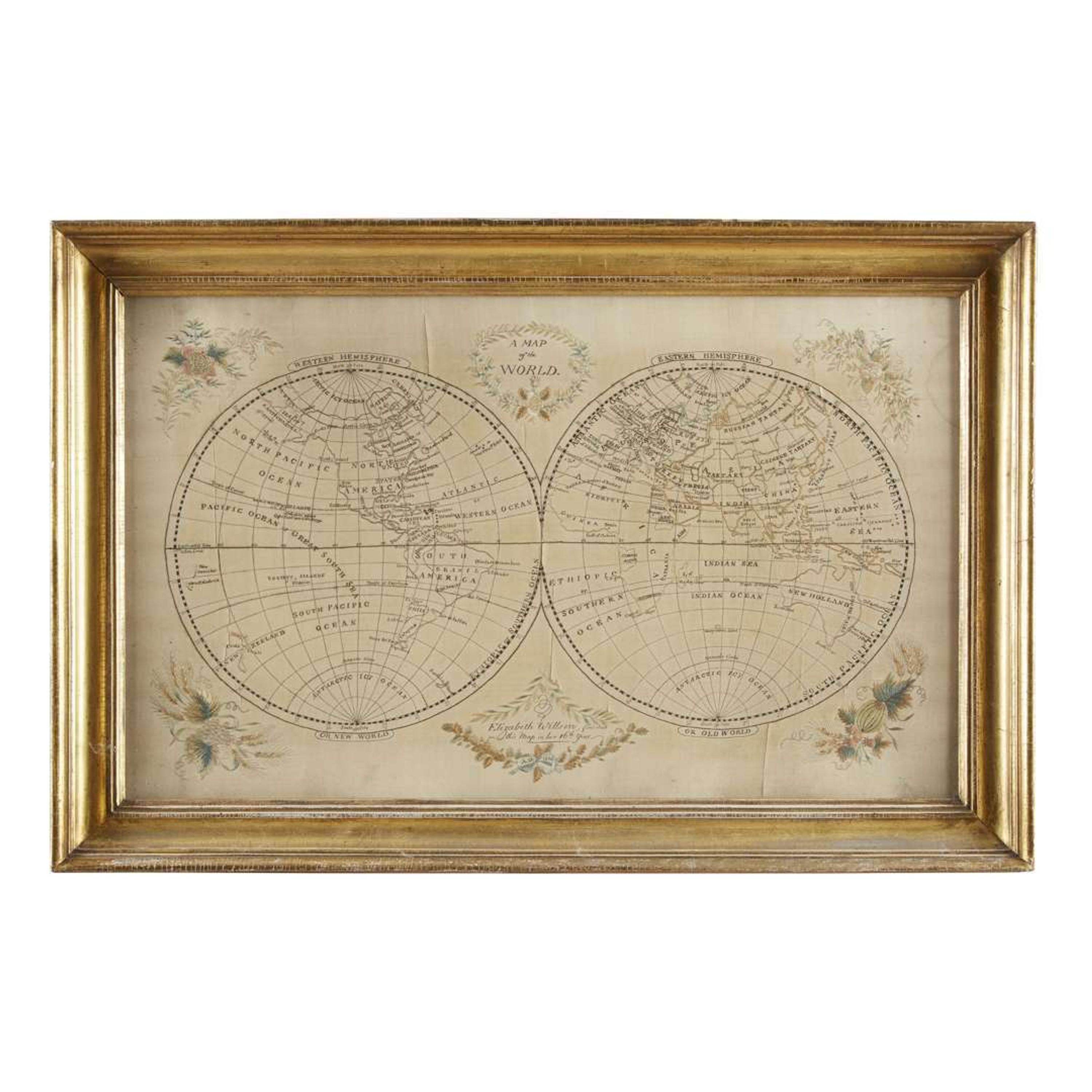 Needlework Map of the World "Elizabeth Willson, finished this map in her 16th year, a.d. 1815", Pennsylvania