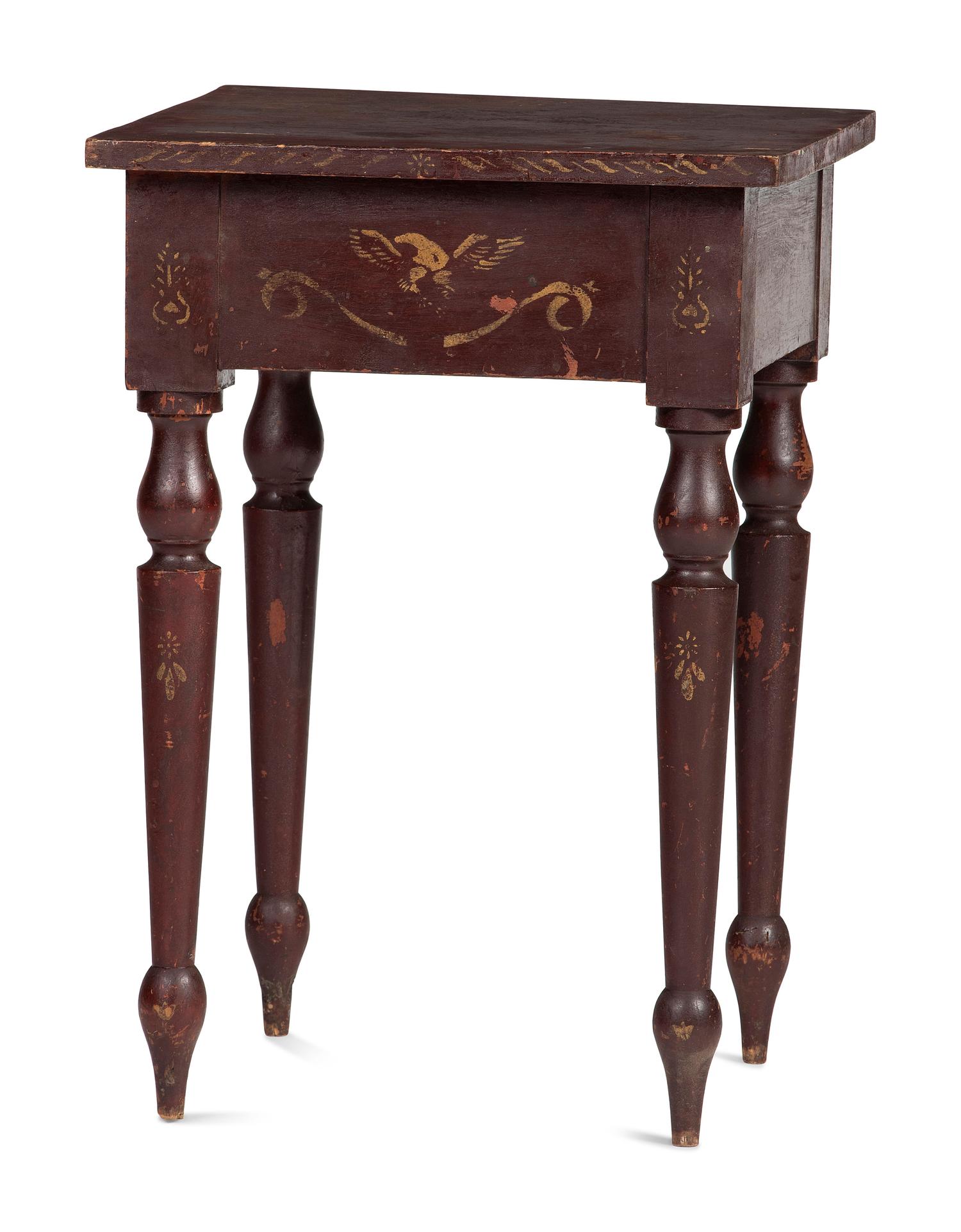 A Classical Red Paint and Gilt Stencil Decorated Cherrywood Side Table