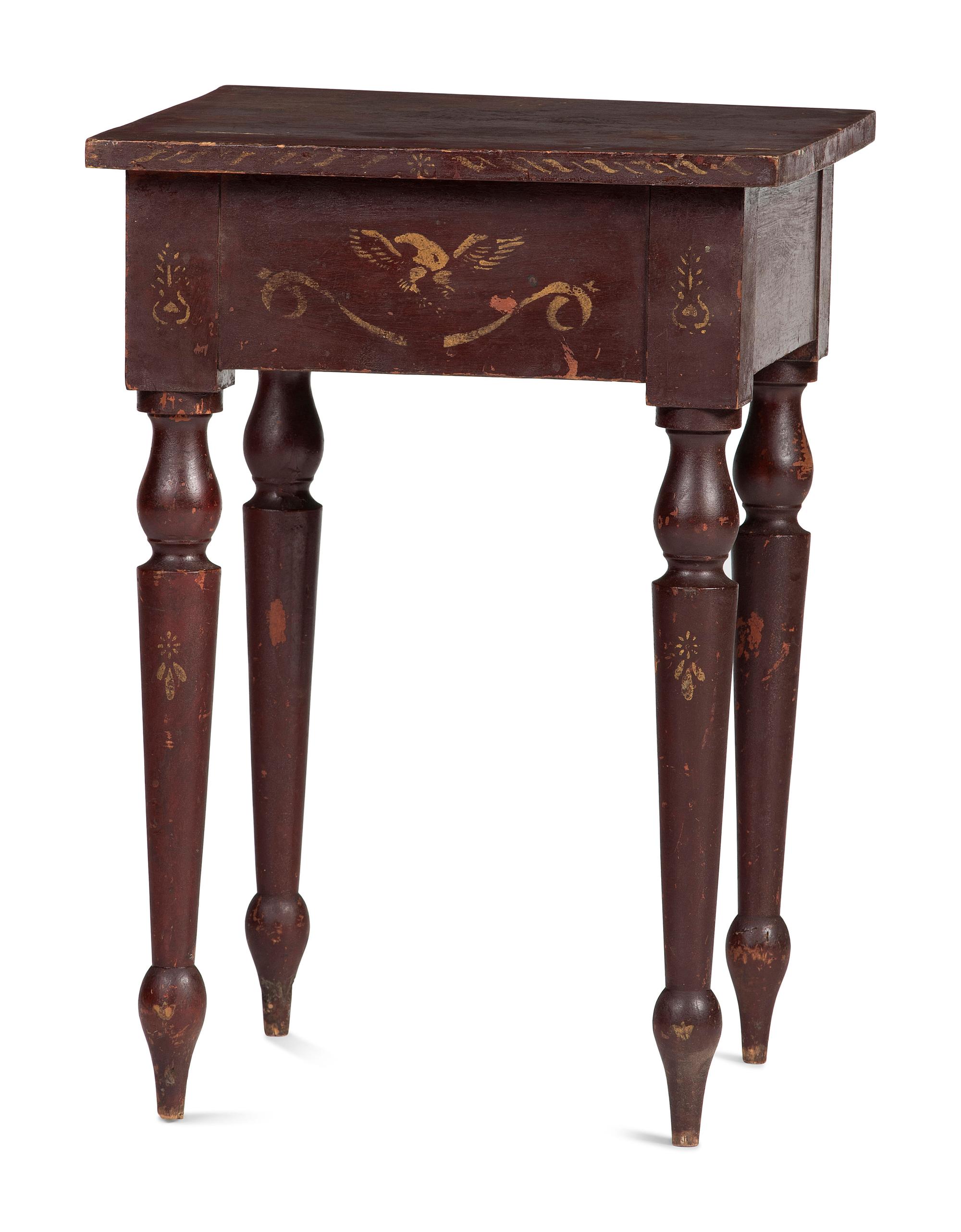 A Classical Red Paint and Gilt Stencil Decorated Cherrywood Side Table