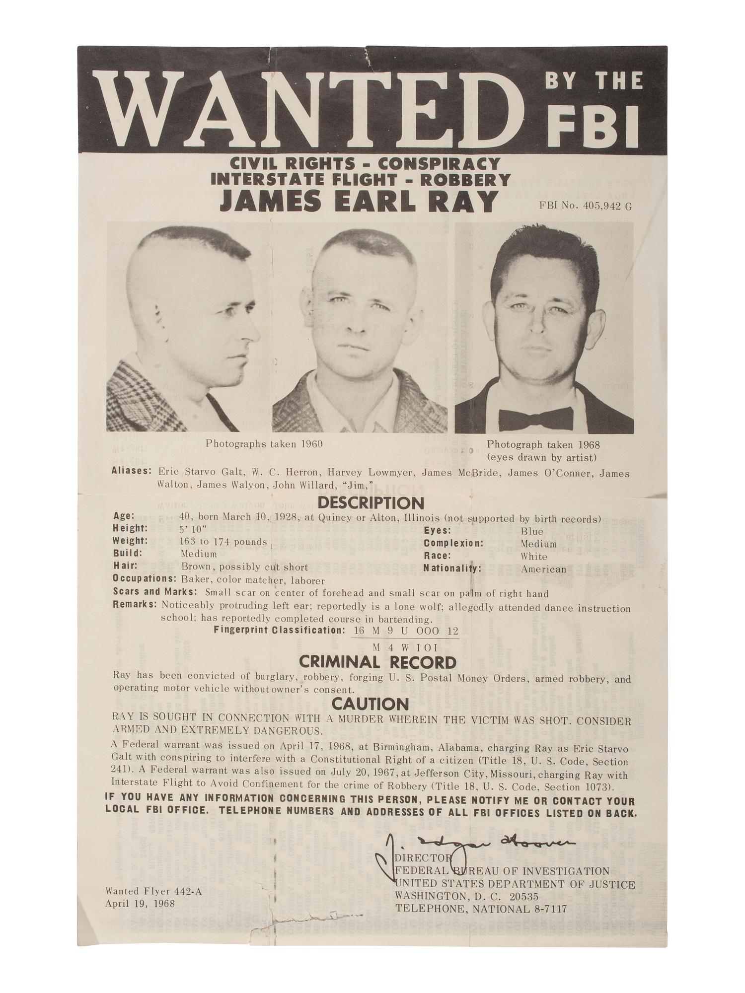 [KING, Martin Luther, Jr. (1929-1968)] -- [RAY, James Earl (1928-1998)]. Wanted by the FBI / Civil Rights - Conspiracy - Interstate Flight - Robbery. Washington, DC: Federal Bureau of Investigation, 19 April 1968.