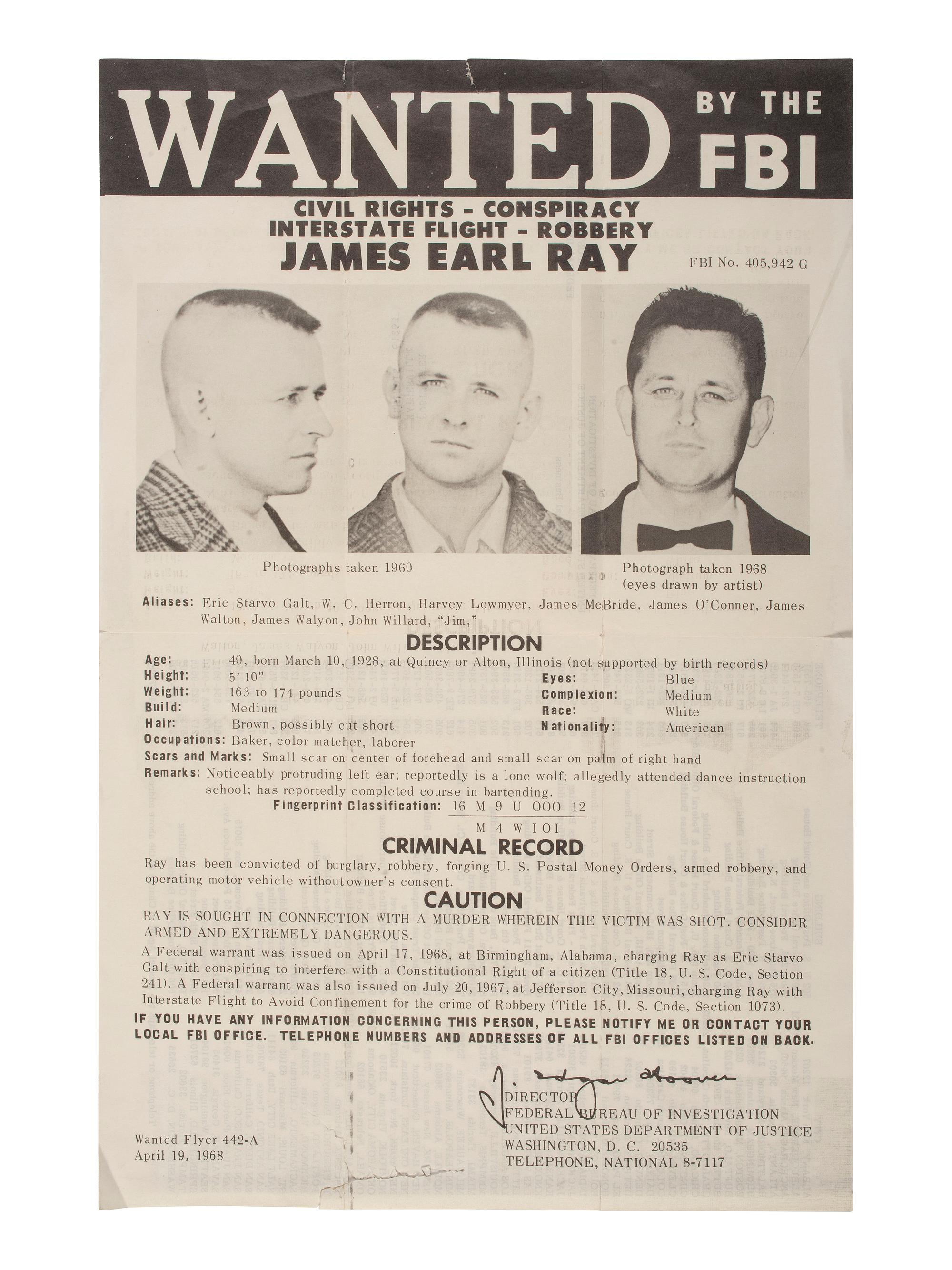 [KING, Martin Luther, Jr. (1929-1968)] -- [RAY, James Earl (1928-1998)]. Wanted by the FBI / Civil Rights - Conspiracy - Interstate Flight - Robbery. Washington, DC: Federal Bureau of Investigation, 19 April 1968.