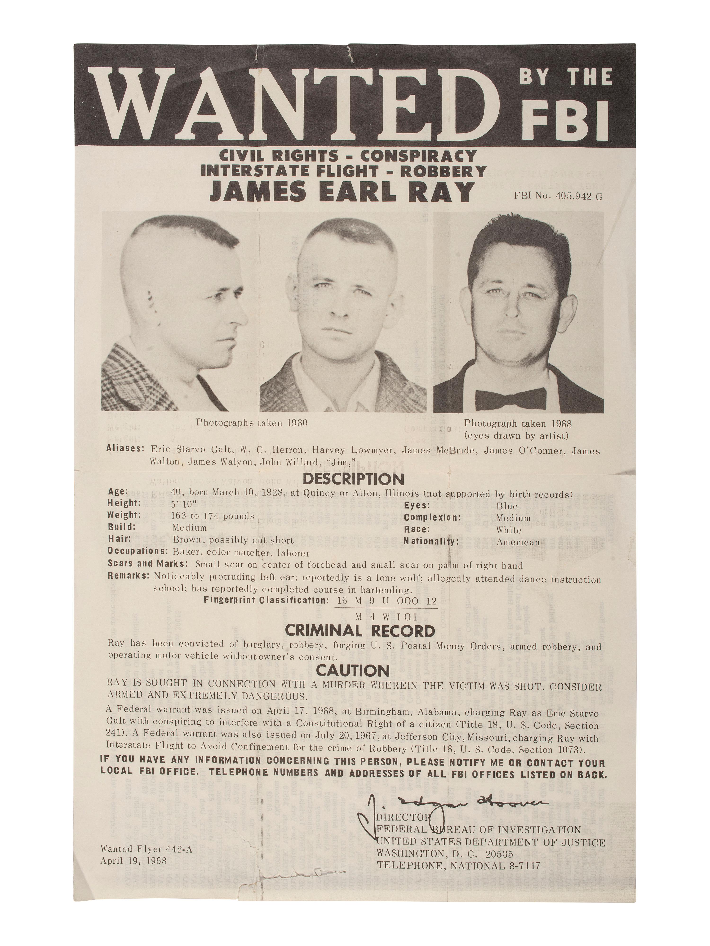 [KING, Martin Luther, Jr. (1929-1968)] -- [RAY, James Earl (1928-1998)]. Wanted by the FBI / Civil Rights - Conspiracy - Interstate Flight - Robbery. Washington, DC: Federal Bureau of Investigation, 19 April 1968.