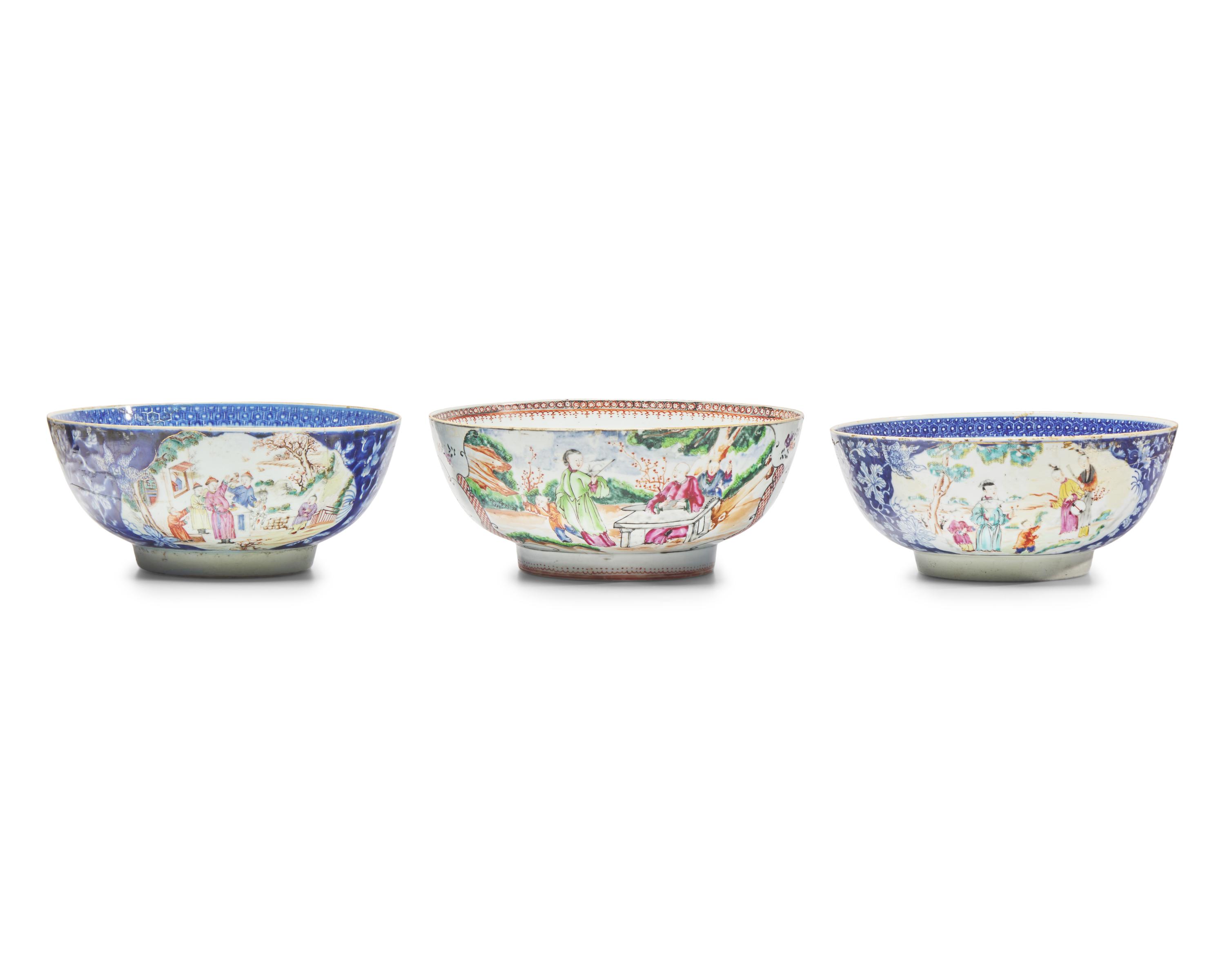 Three Chinese Export Porcelain Famille Rose Punch Bowls