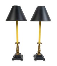 A Pair of Brass Lion-Form Candlestick Lamps