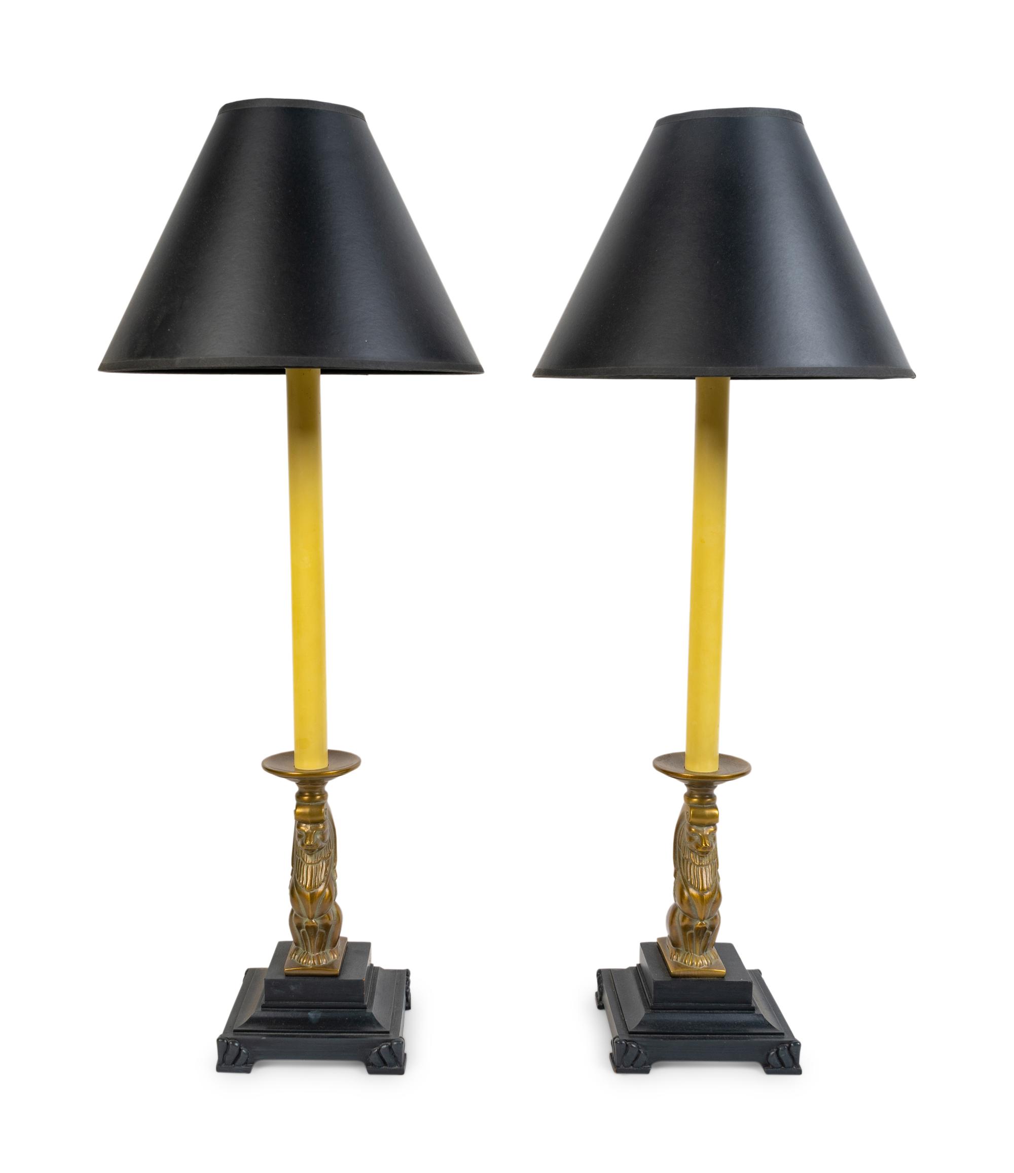 A Pair of Brass Lion-Form Candlestick Lamps