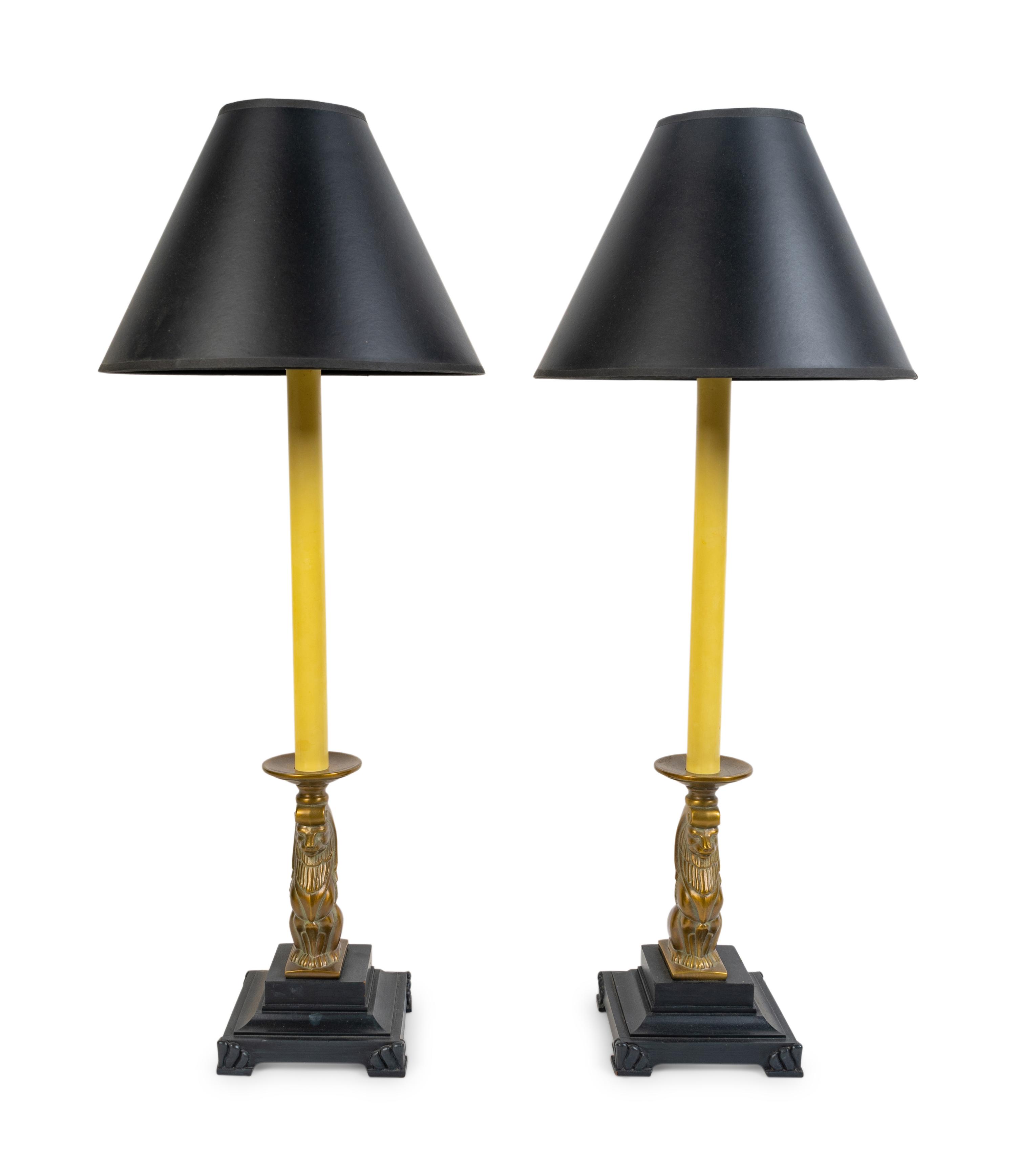 A Pair of Brass Lion-Form Candlestick Lamps