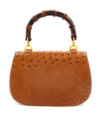 A Gucci Brown Ostrich Bamboo Top Handle Handbag, 7" H x 10.5" W x 2.5" D; Handle drop: 4.5".