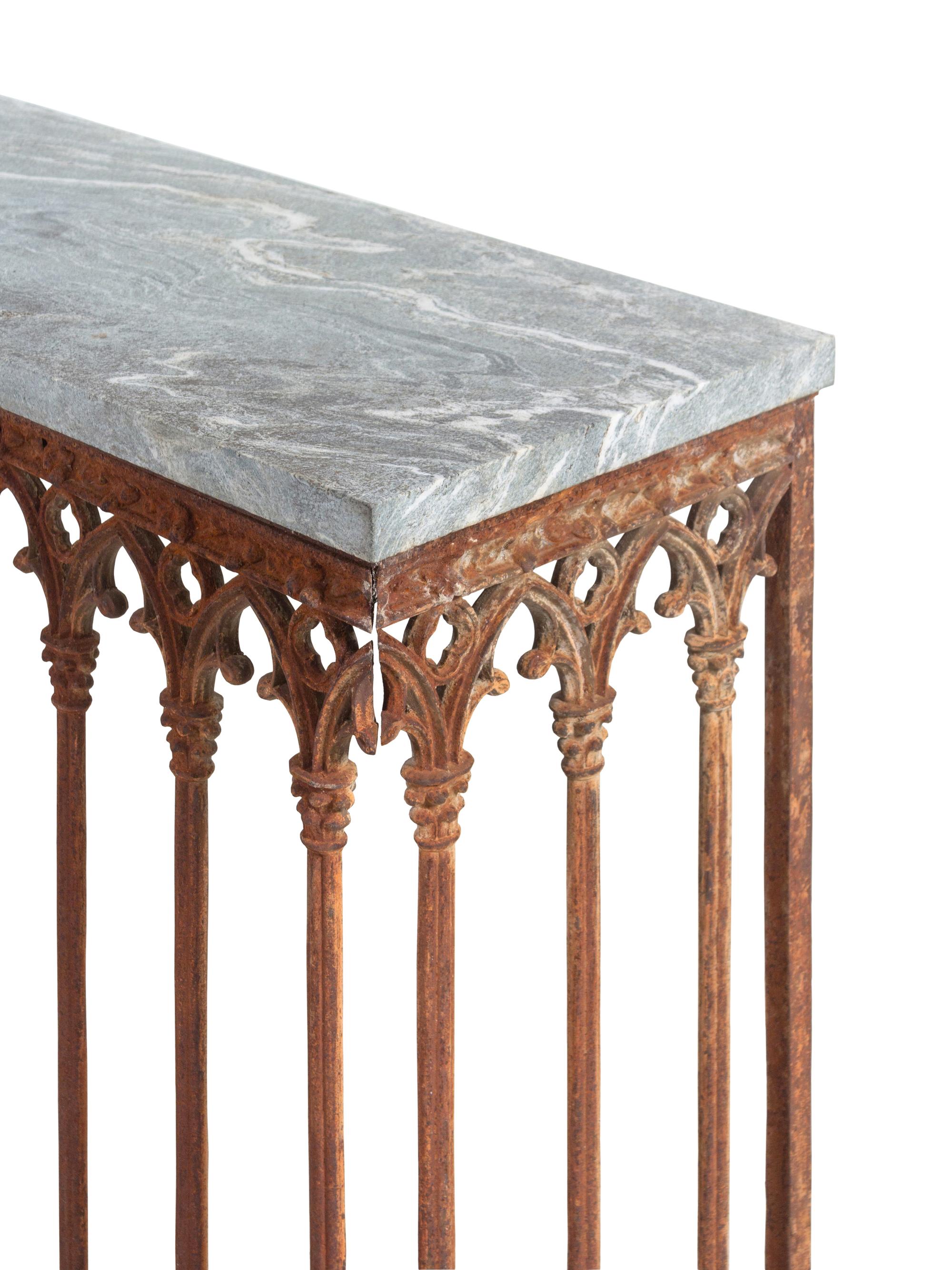 A Pair of Gothic Revival Iron Marble-Top Garden Tables