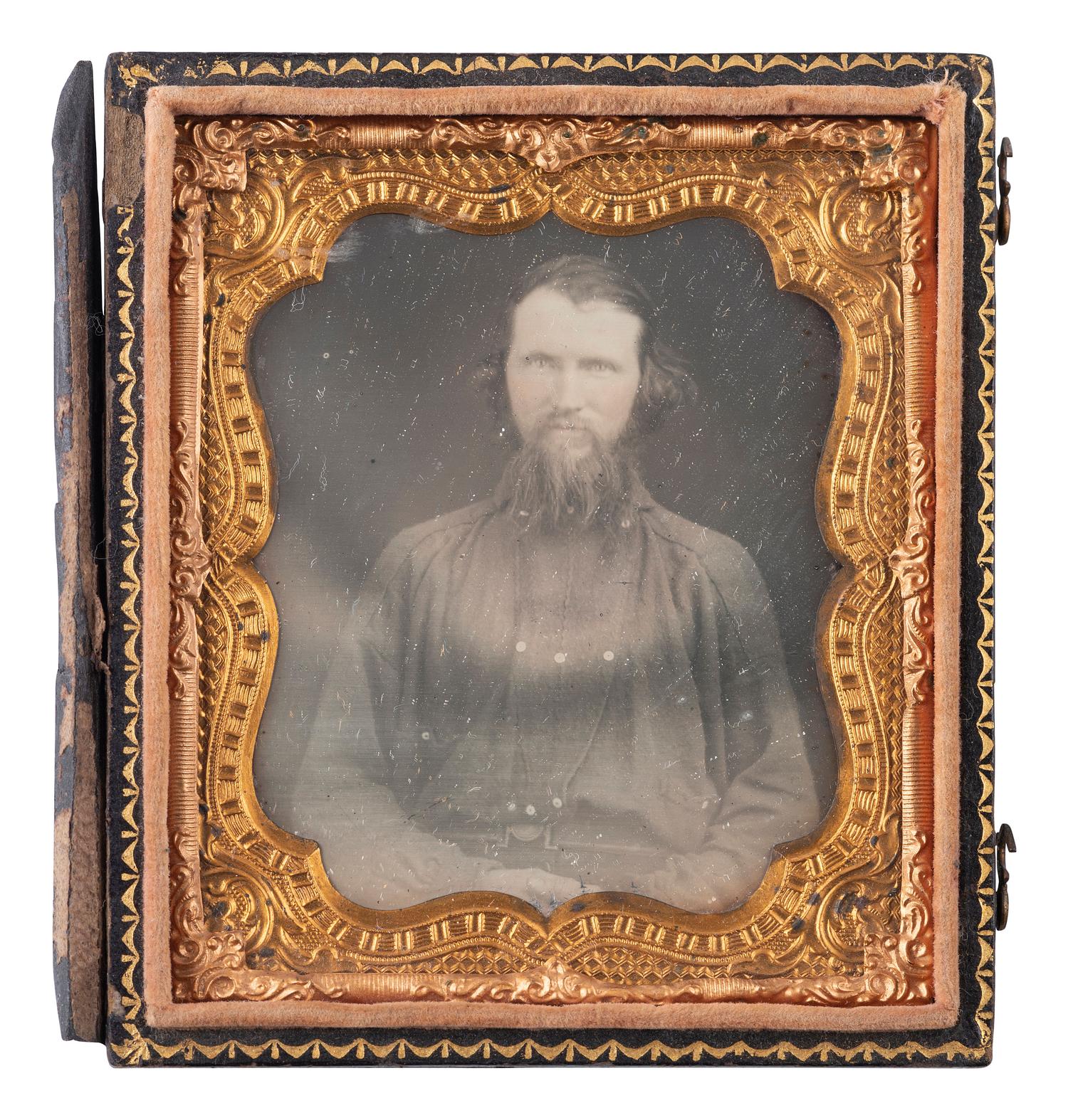 [WESTERN AMERICANA - MINING]. Sixth plate daguerreotype of a possible gold miner wearing a bib shirt.