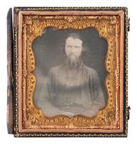 [WESTERN AMERICANA - MINING]. Sixth plate daguerreotype of a possible gold miner wearing a bib shirt.