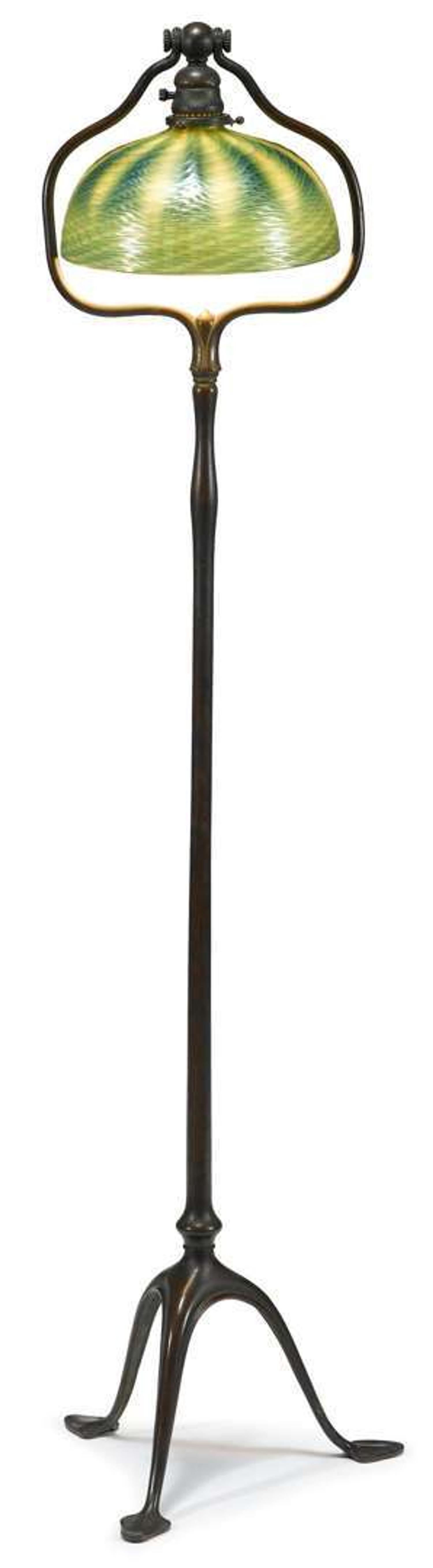Bronze floor bell lamp with Favrile Glass damascene shade tiffany studios, new york, ny, late 19th/early 20th century