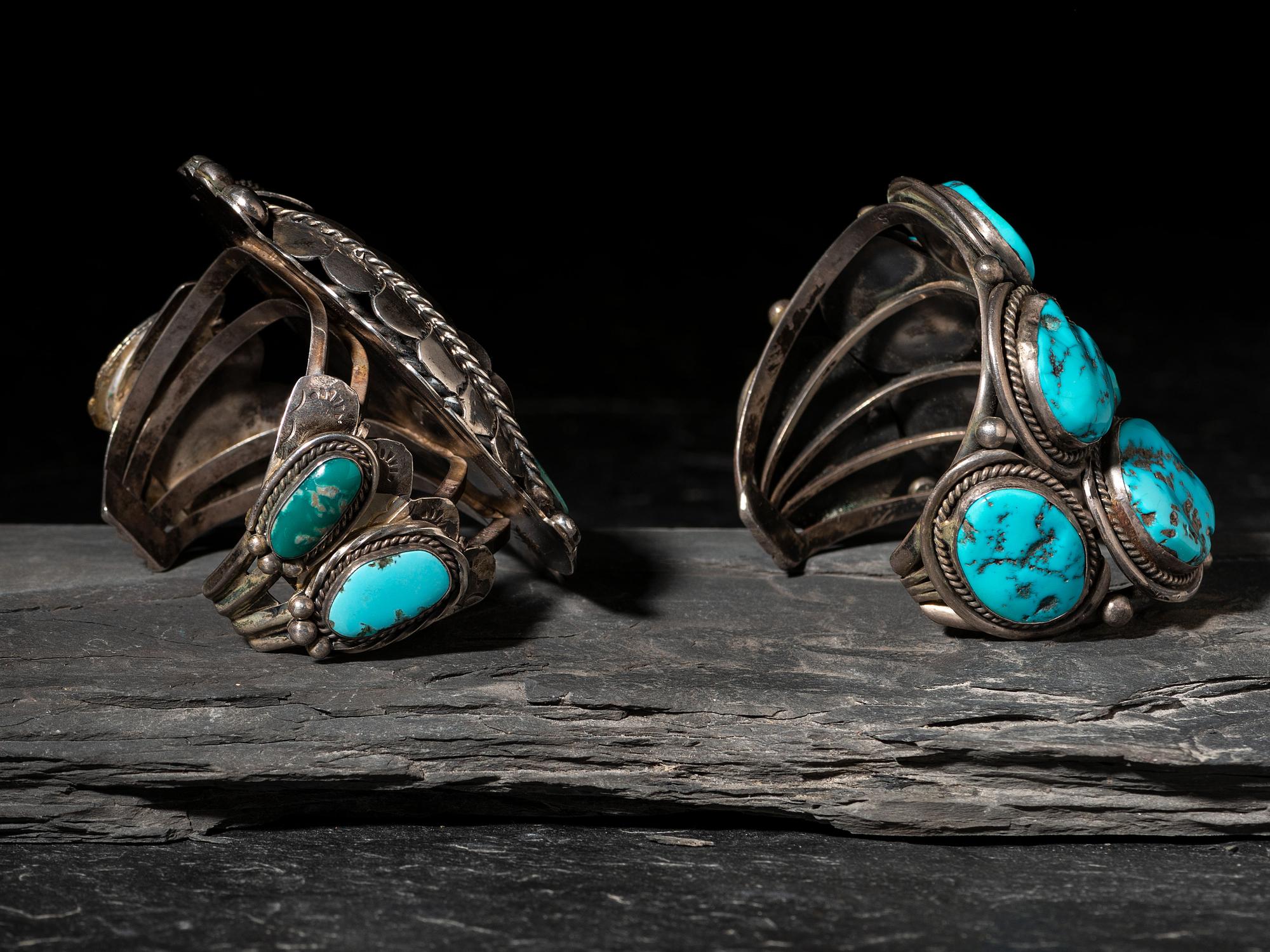 Large Navajo Silver and Turquoise Cuff Bracelets