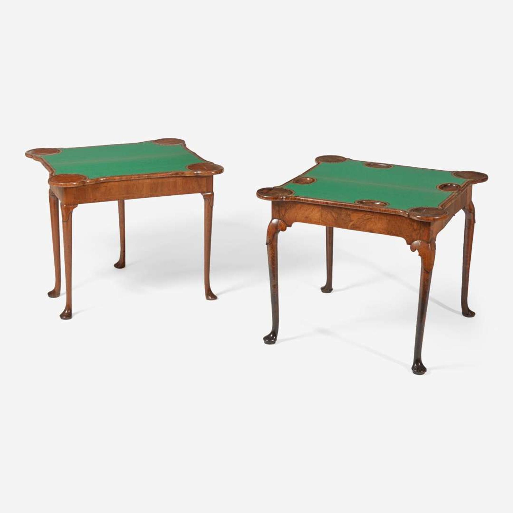 Two Queen Anne inlaid and burl walnut veneered card tables circa 1710