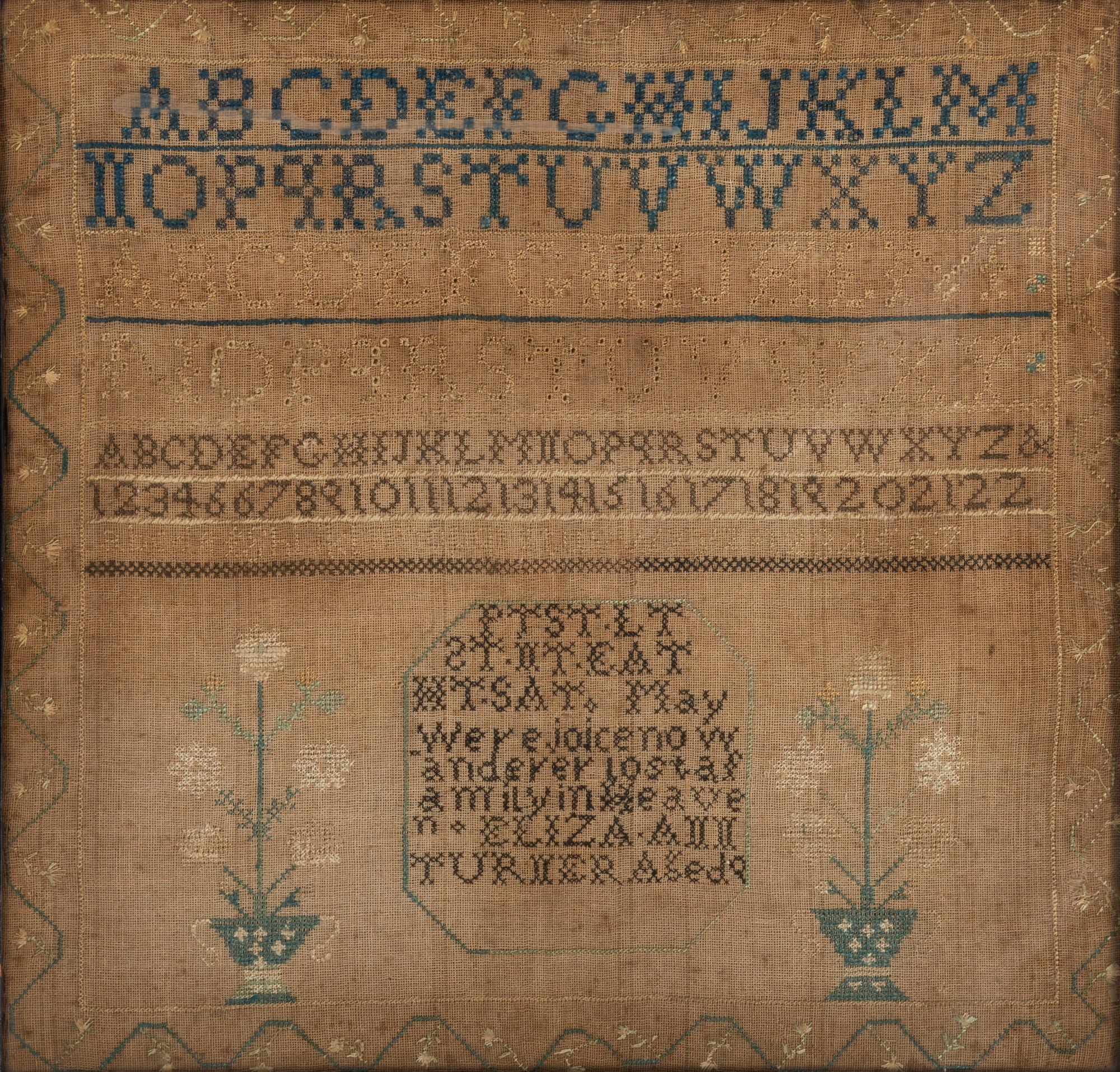 A Needlework Embroidered Schoolgirl's Sampler, Wrought by Eliza Ann Turner