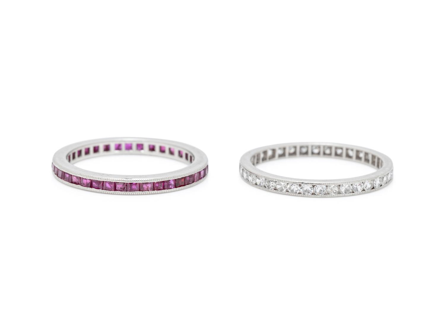 TWO PLATINUM, RUBY AND DIAMOND ETERNITY BANDS