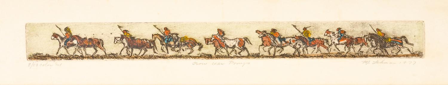 Group of four etchings: Crow War Ponys, Quiet Crow Camp, Pioneers, Born Loser