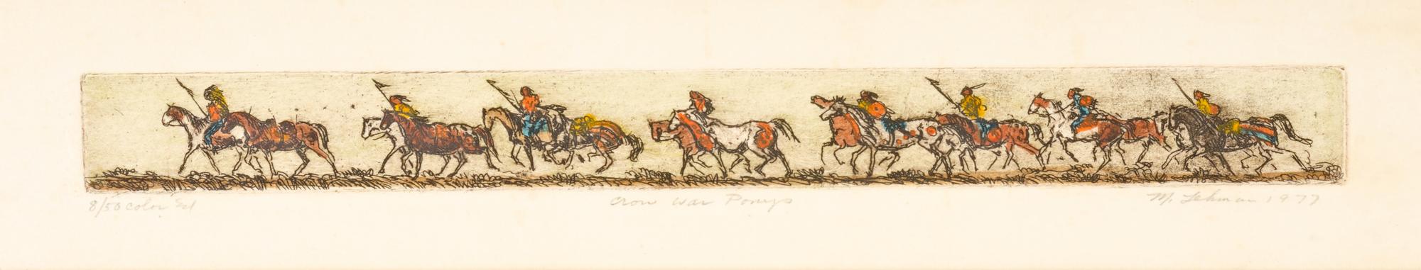 Group of four etchings: Crow War Ponys, Quiet Crow Camp, Pioneers, Born Loser