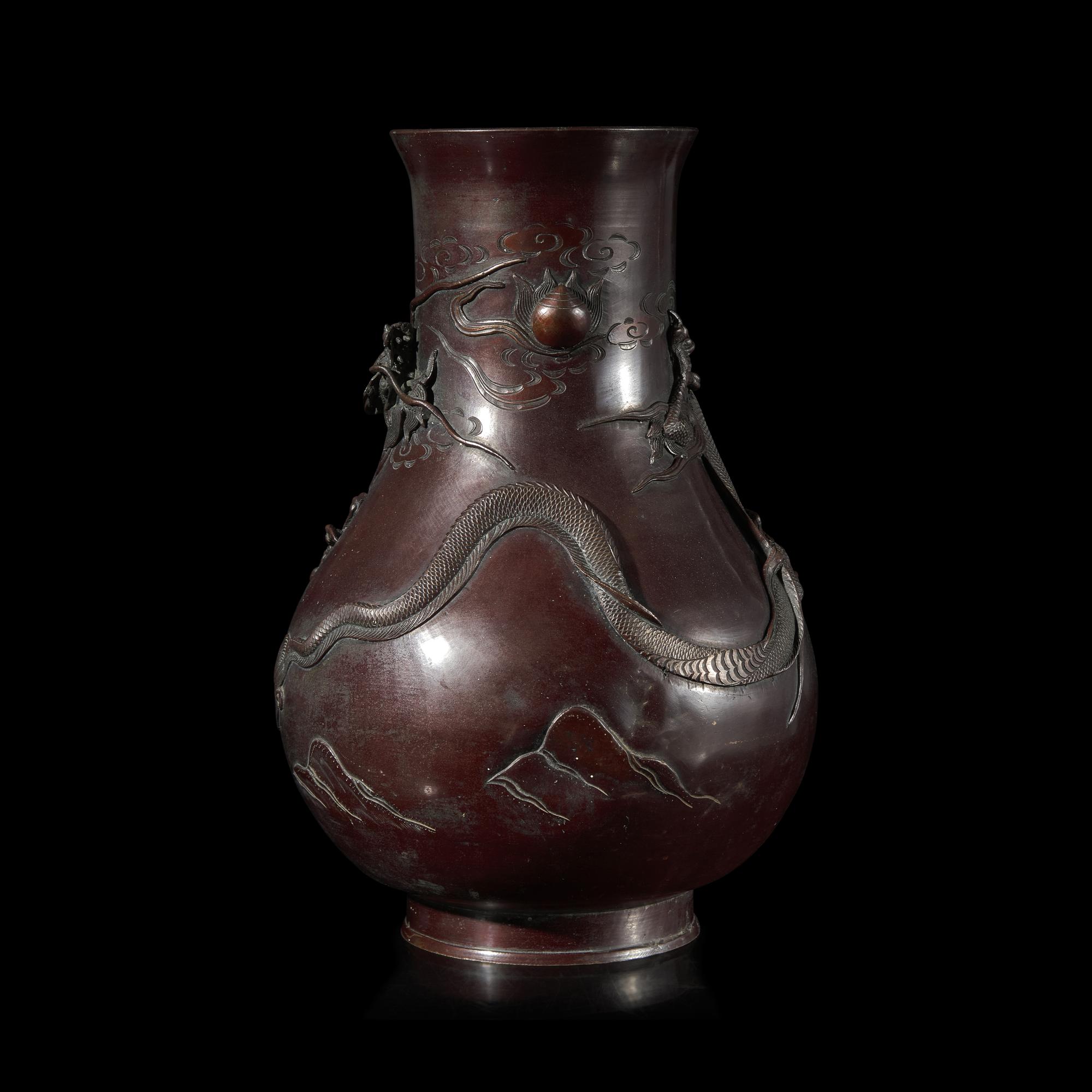 A Japanese Patinated Bronze 'Dragon' Vase, Meiji Period — 日本明治時代 盤龍銅瓶