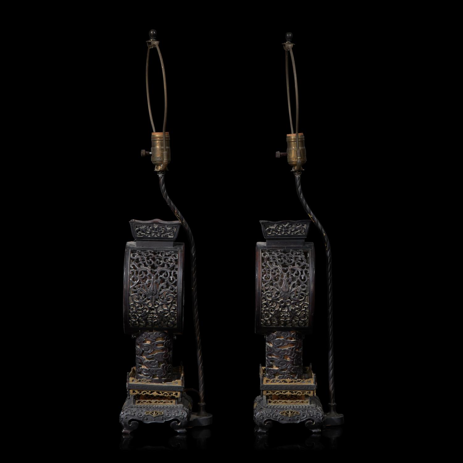 A Pair of Chinese Painted Glass and Carved Wood Lanterns, Mounted as Lamps 硬木嵌彩繪玻璃花鳥圖燈一對