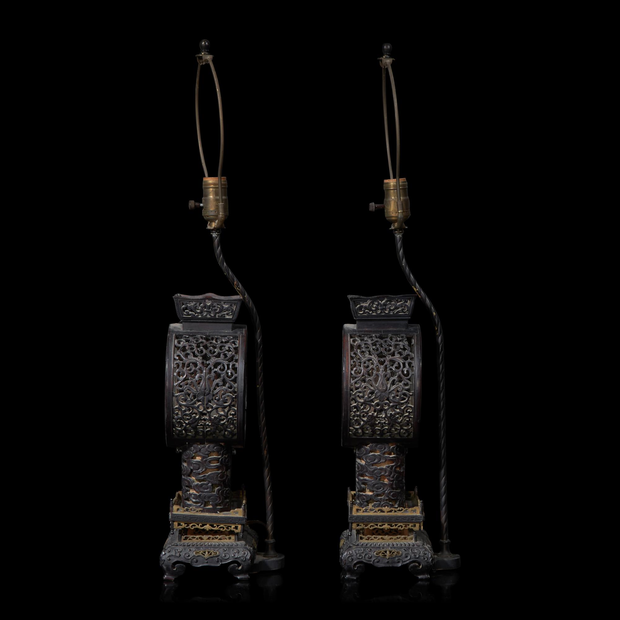 A Pair of Chinese Painted Glass and Carved Wood Lanterns, Mounted as Lamps 硬木嵌彩繪玻璃花鳥圖燈一對