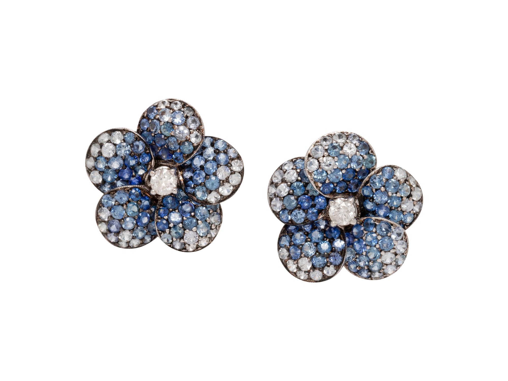 SABBADINI, SAPPHIRE AND DIAMOND FLOWER EARCLIPS