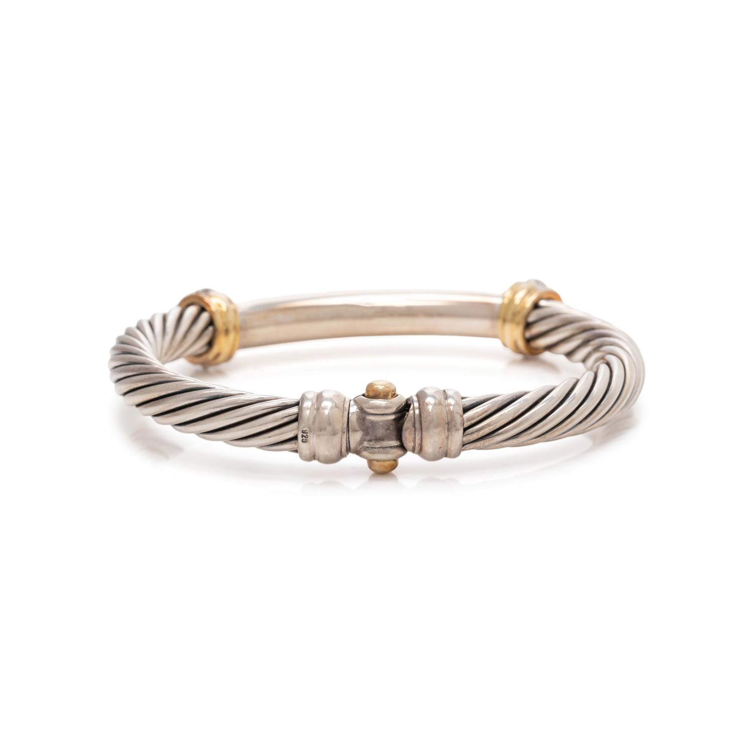 DAVID YURMAN, STERLING SILVER, YELLOW GOLD AND DIAMOND BANGLE BRACELET