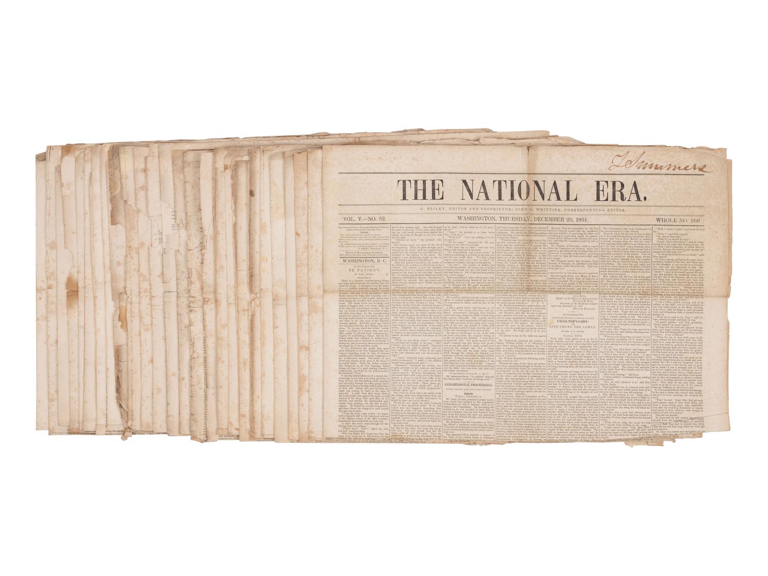STOWE, Harriet Beecher. Uncle Tom's Cabin . Serialized in: The National Era . Volume V, Nos. 23, 25, 26, 27, 28, 30, 31, 32, 33, 34, 34 [typographical error], 35, 37, 38, 39, 40, 41, 42, 43, 45, 47, 48, 49, 50, 51, and 52. Washington, D.C.: June 5, 1851-December 25, 1851.