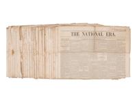 STOWE, Harriet Beecher. Uncle Tom's Cabin . Serialized in: The National Era . Volume V, Nos. 23, 25, 26, 27, 28, 30, 31, 32, 33, 34, 34 [typographical error], 35, 37, 38, 39, 40, 41, 42, 43, 45, 47, 48, 49, 50, 51, and 52. Washington, D.C.: June 5, 1851-December 25, 1851.