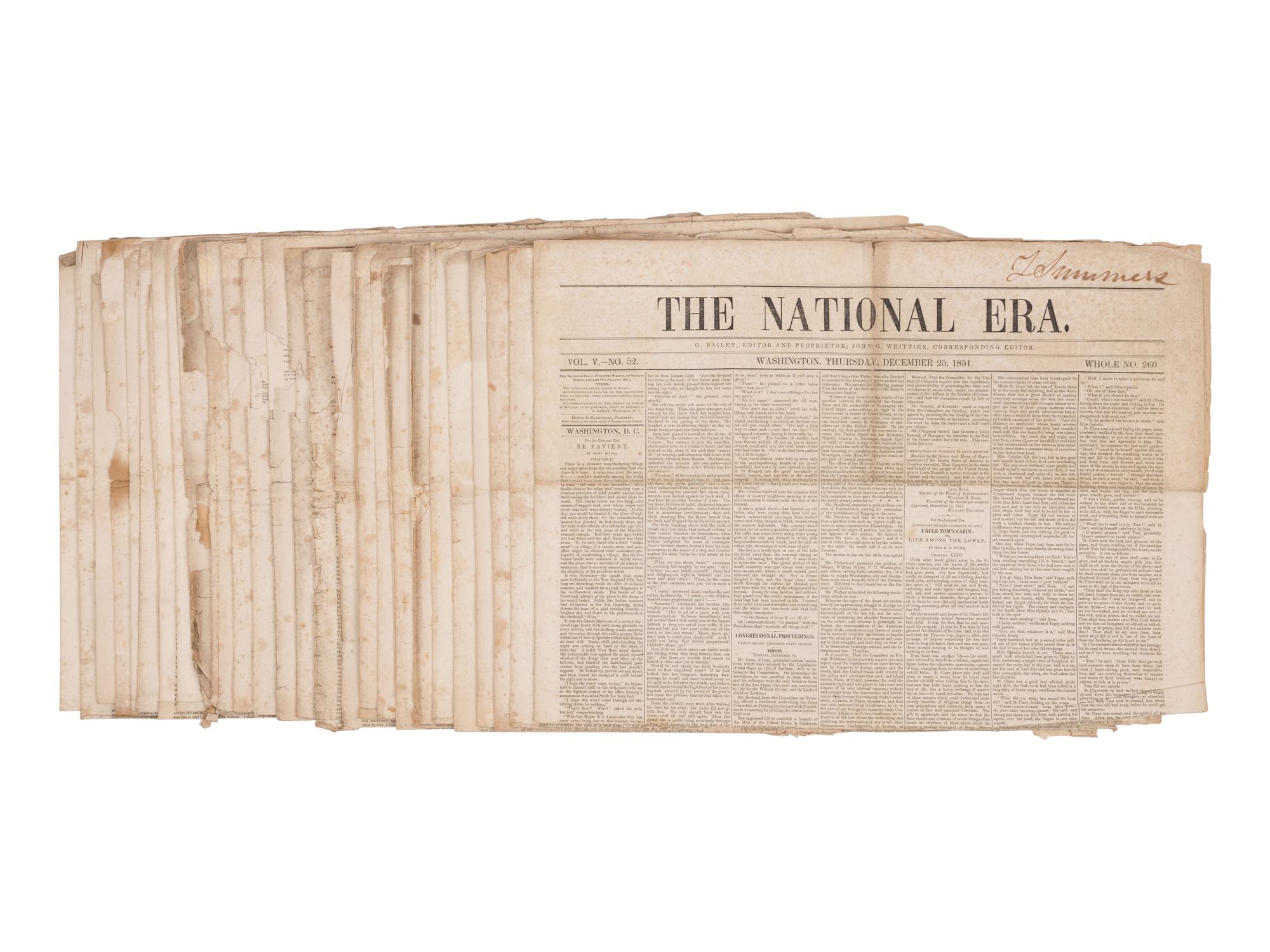 STOWE, Harriet Beecher. Uncle Tom's Cabin . Serialized in: The National Era . Volume V, Nos. 23, 25, 26, 27, 28, 30, 31, 32, 33, 34, 34 [typographical error], 35, 37, 38, 39, 40, 41, 42, 43, 45, 47, 48, 49, 50, 51, and 52. Washington, D.C.: June 5, 1851-December 25, 1851.