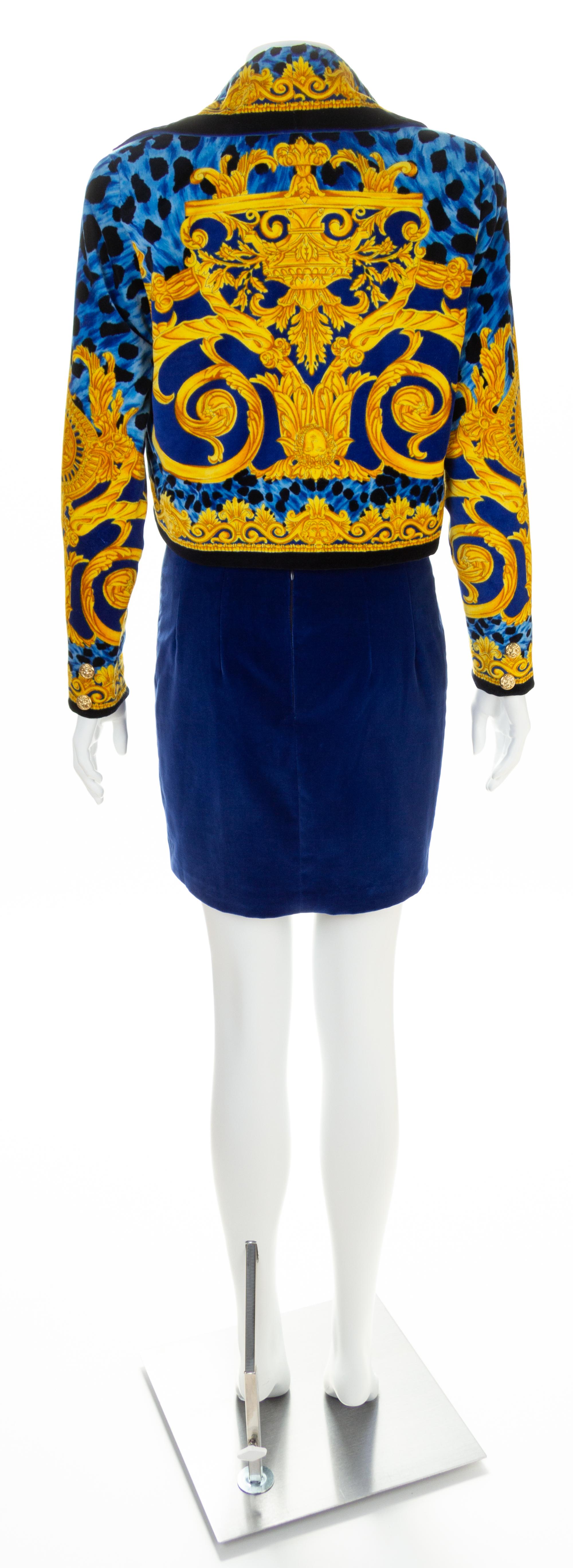 A Gianni Versace Bright Blue Velvet Print Jacket and Skirt, No Size.