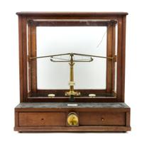 An English Mahogany Cased Brass Assayer's Balance Height of case 19 3/4 x width 18 1/4 x depth 13 inches. — L. OERTLING, 19TH CENTURY