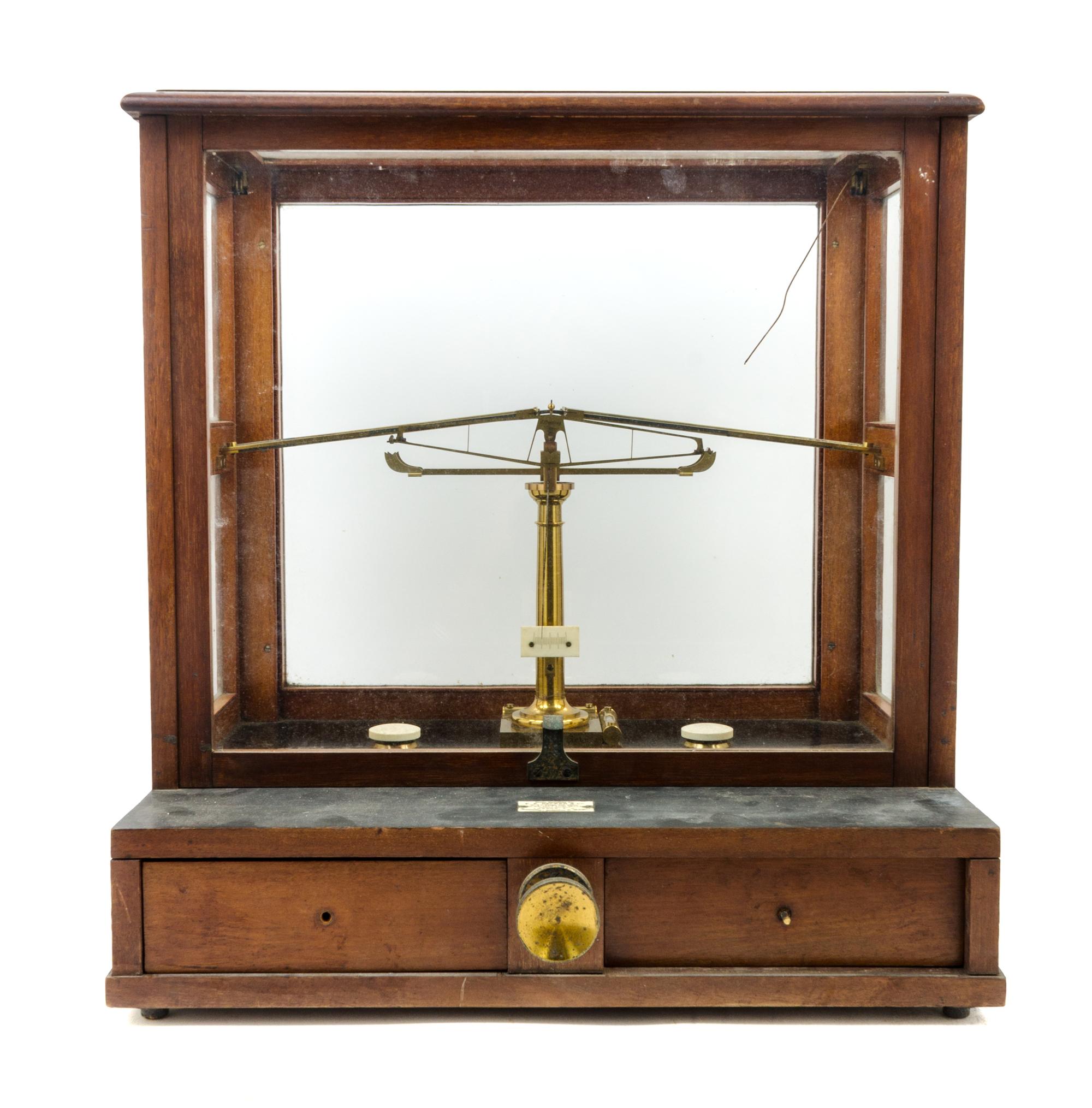 An English Mahogany Cased Brass Assayer's Balance Height of case 19 3/4 x width 18 1/4 x depth 13 inches. — L. OERTLING, 19TH CENTURY