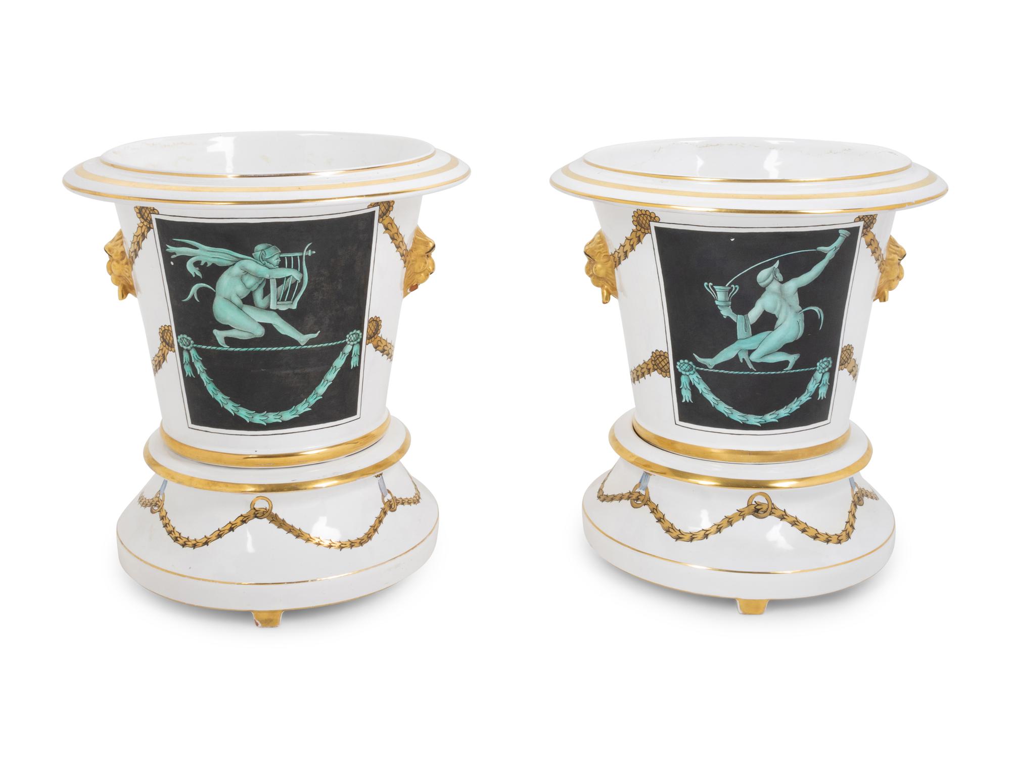 A Pair of Italian Porcelain Cache Pots in the Style of Gio Ponti
