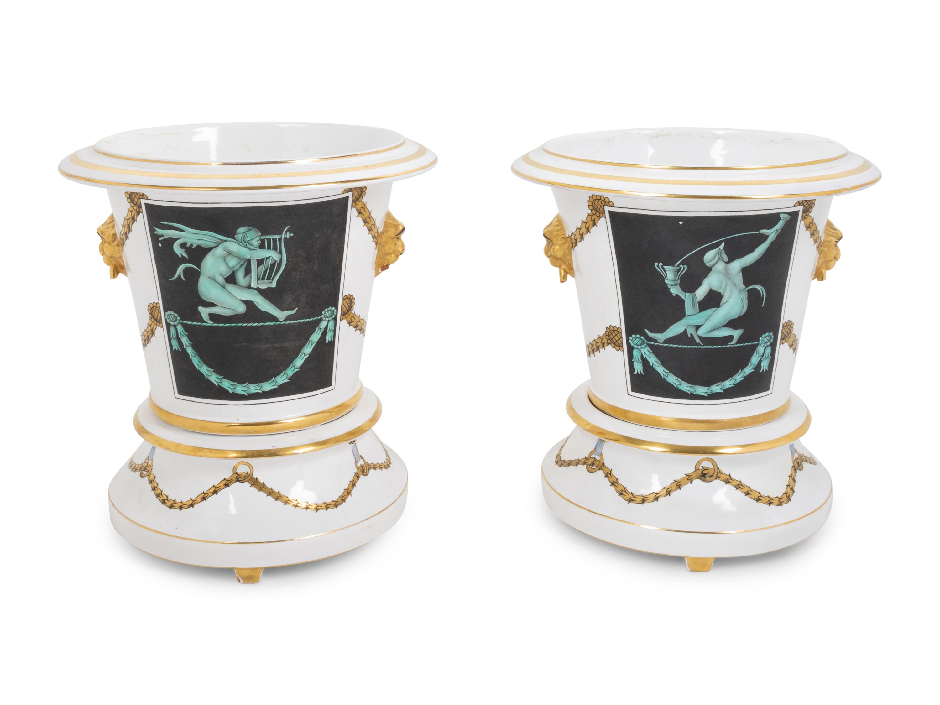 A Pair of Italian Porcelain Cache Pots in the Style of Gio Ponti