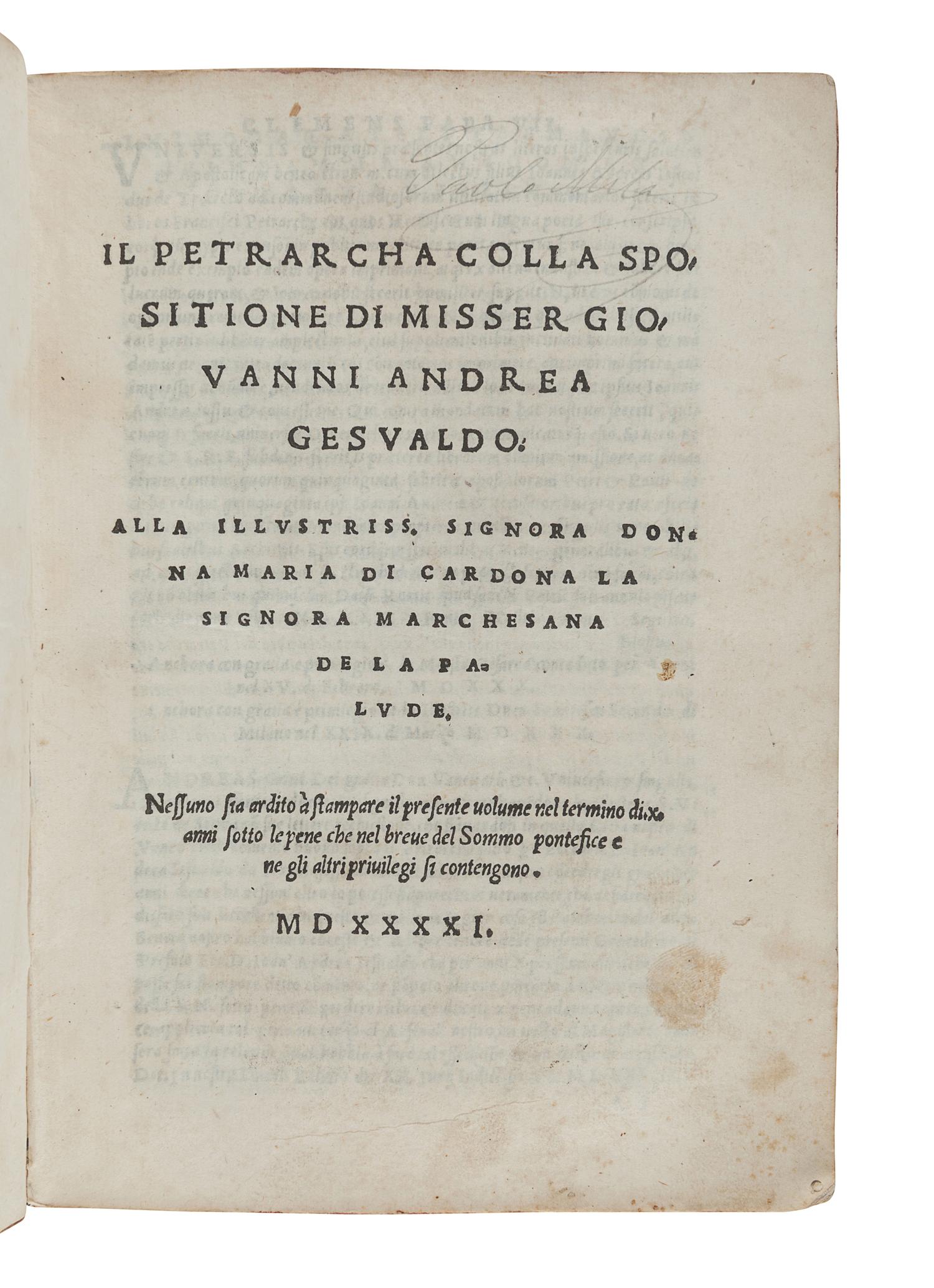 PETRARCA, Francesco (1304-1374), Canzonieri. Il Petrarcha colla spositione di Misser Giovanni Andrea Gesualdo. Venice: Giovanni Antonio and Nicolini da Sabio, 1541.