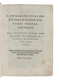 PETRARCA, Francesco (1304-1374), Canzonieri. Il Petrarcha colla spositione di Misser Giovanni Andrea Gesualdo. Venice: Giovanni Antonio and Nicolini da Sabio, 1541.